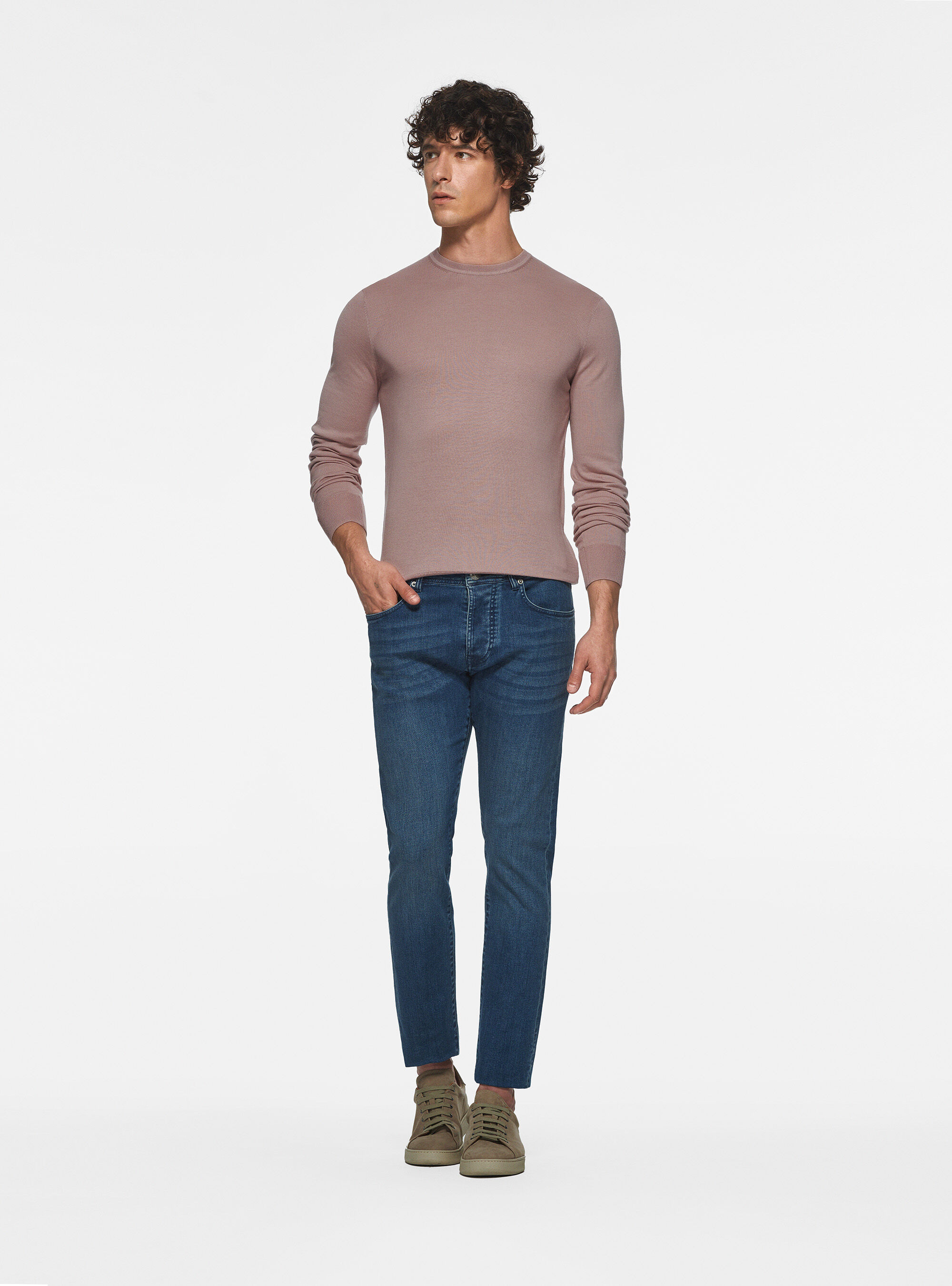 Maglia girocollo in seta e cotone, 0441C ROSA SCURO