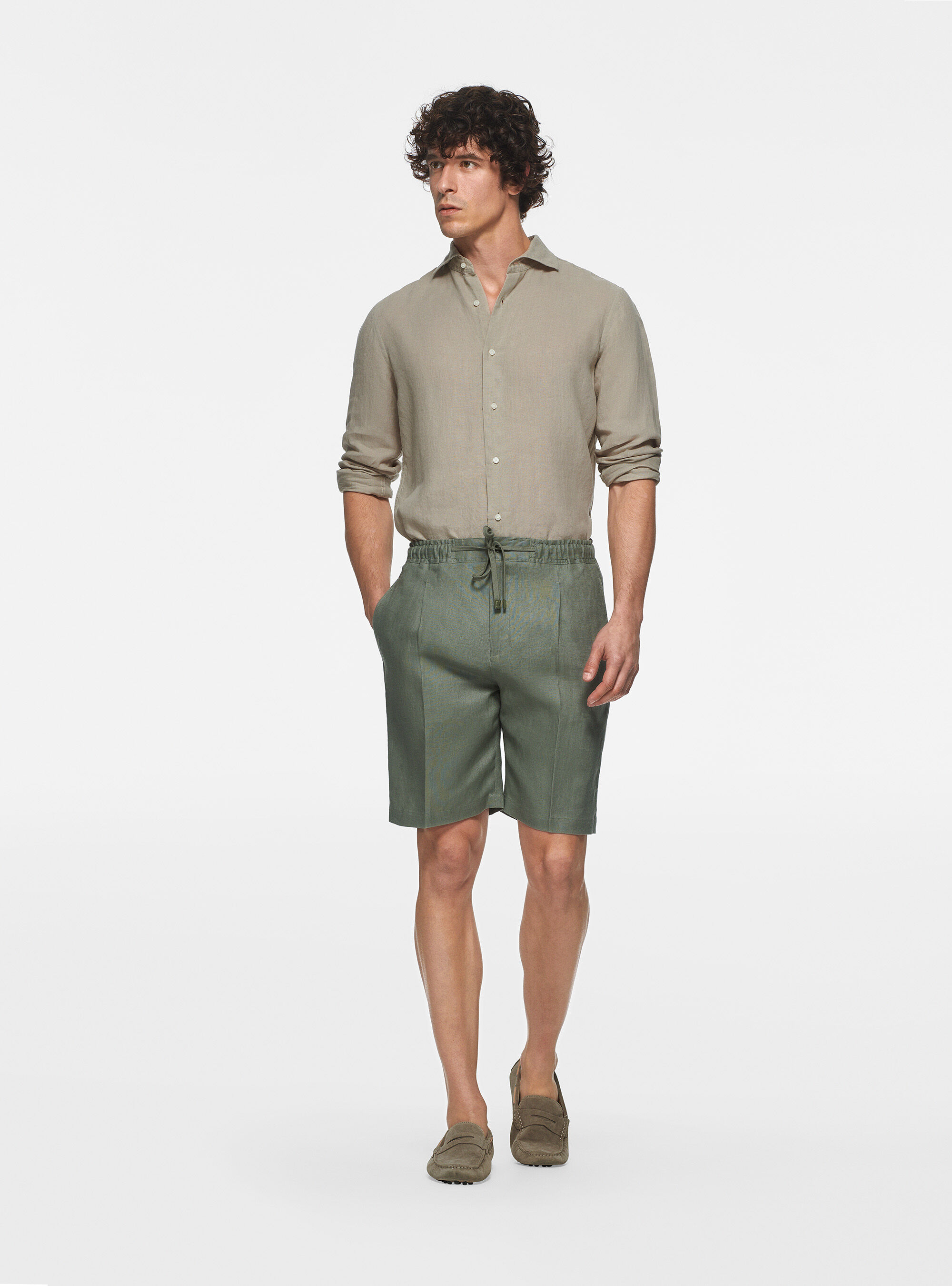 Bermudas de lino con el&aacute;stico y cord&oacute;n, SALVIA 0602C