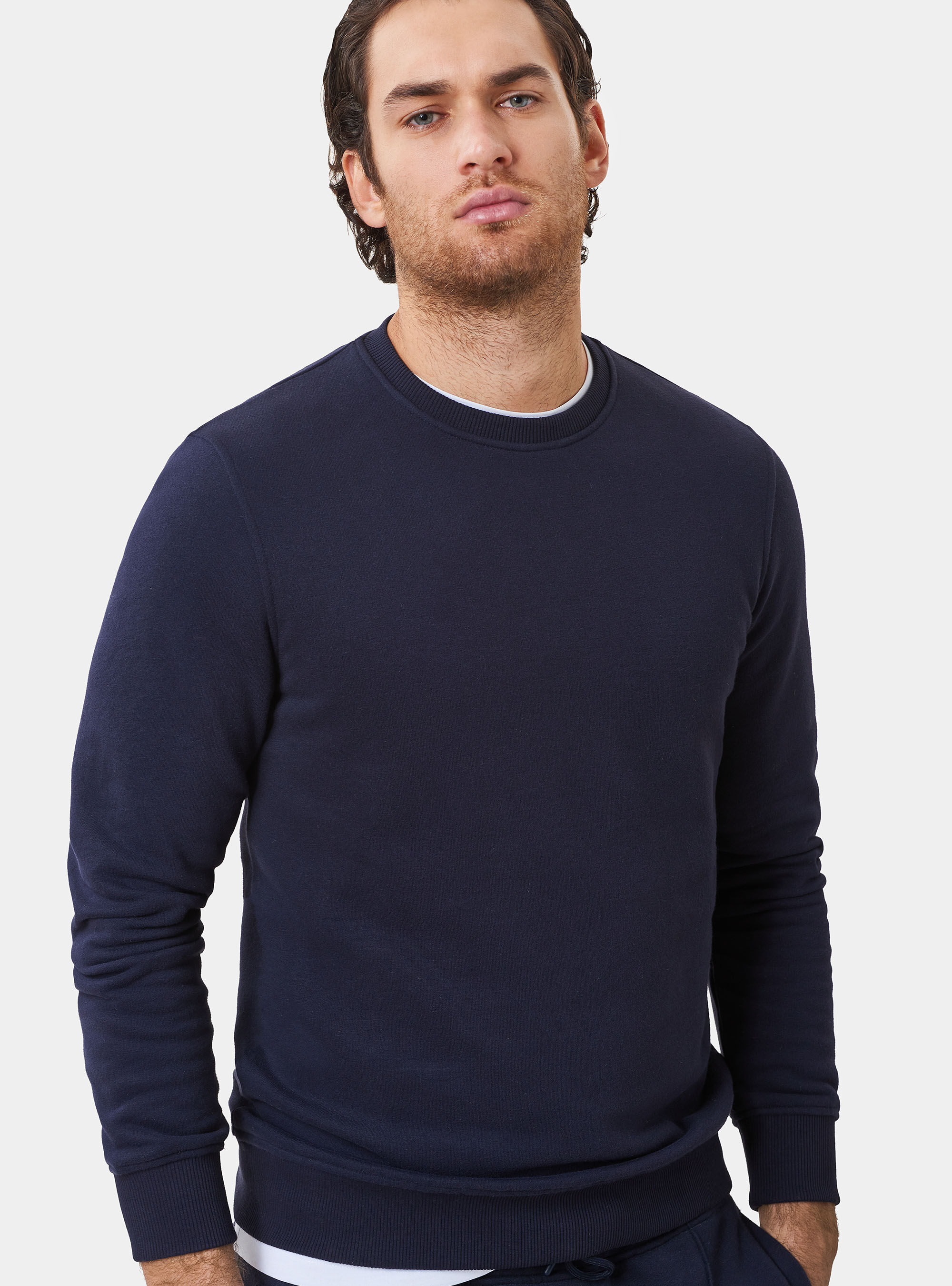 Cotton blend crew neck sweatshirt, NAVY BLUE