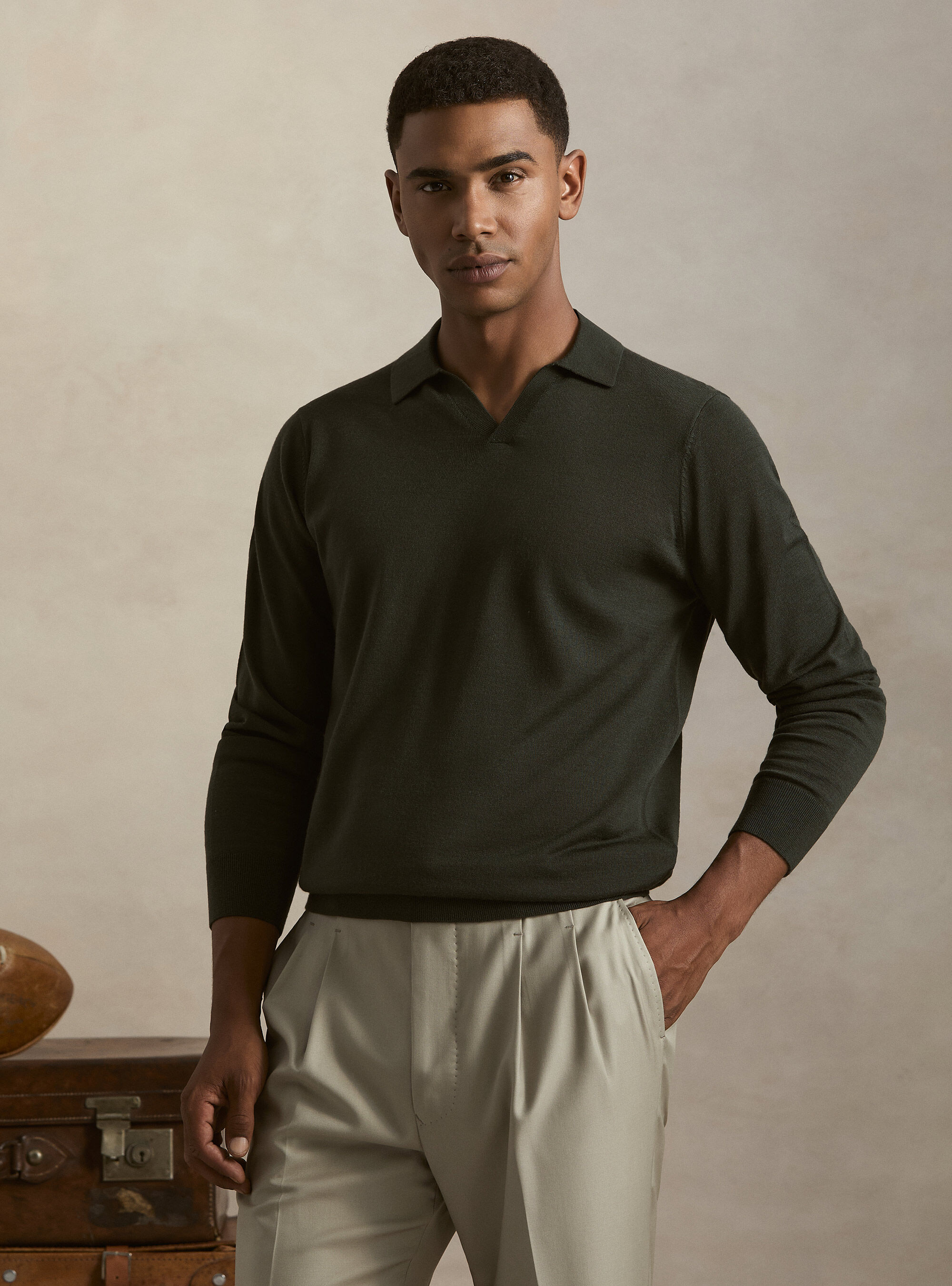 Polo collo senza bottoni in maglia lana merino