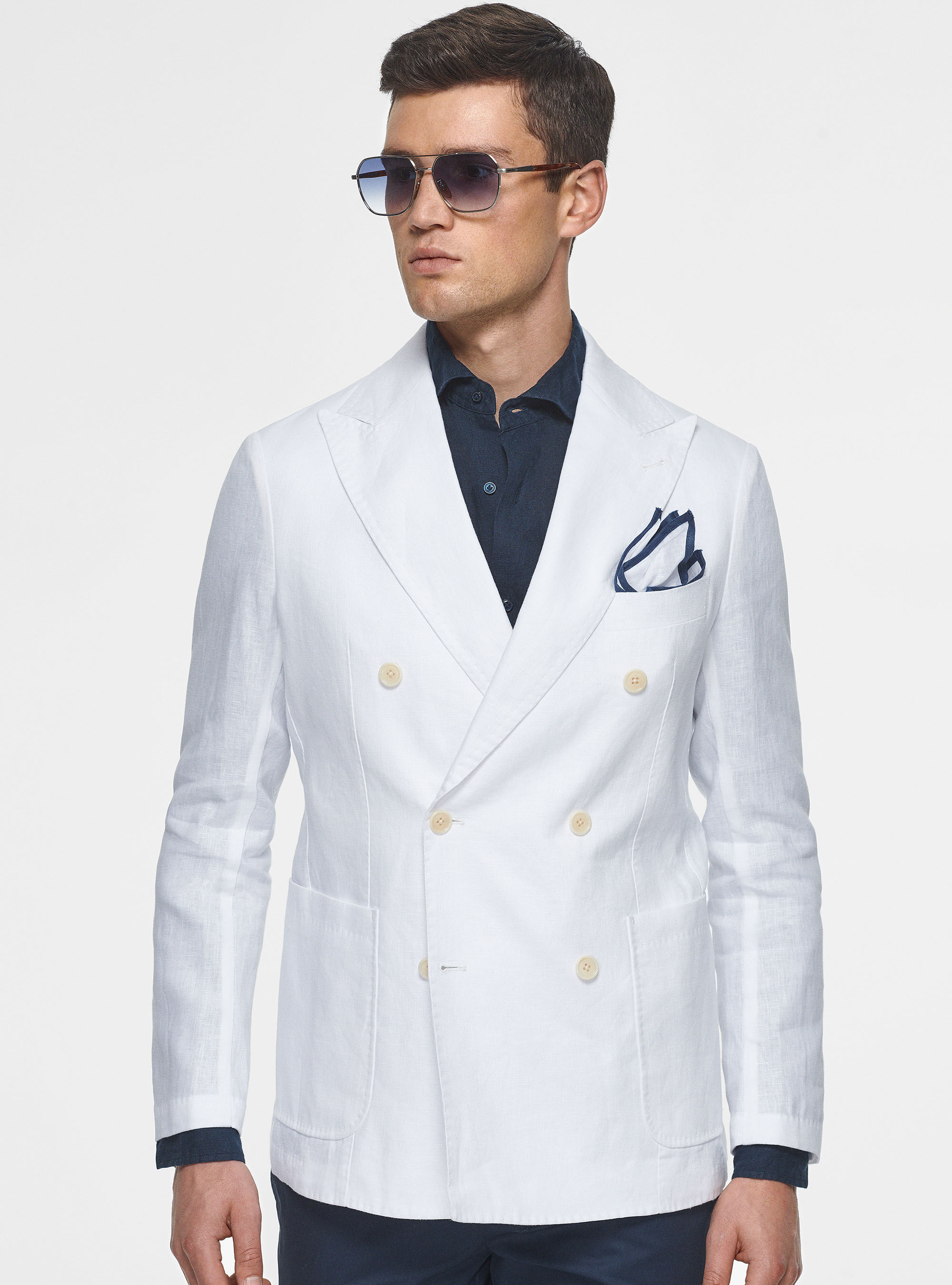 Double breasted white linen suit shop