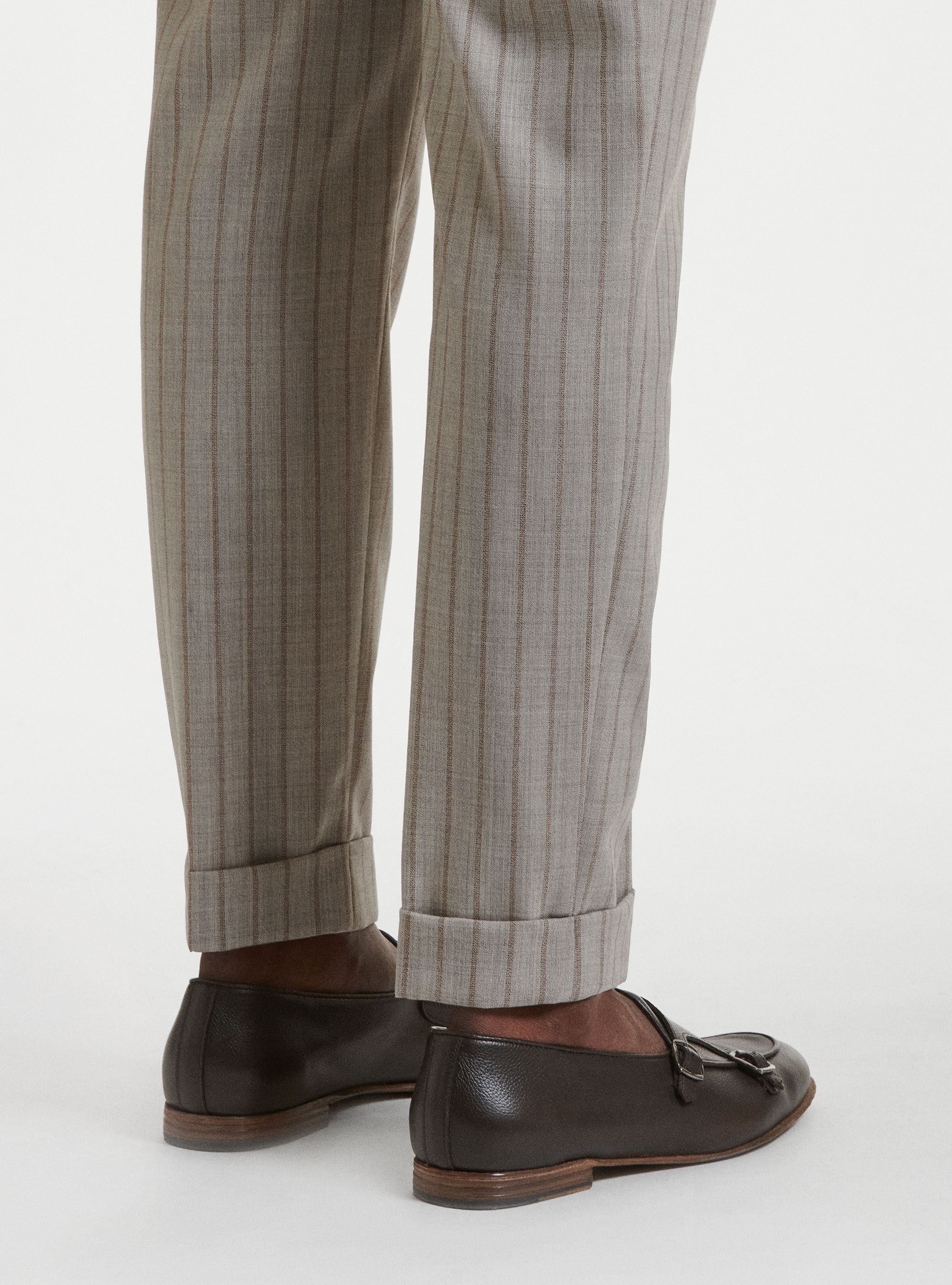 Pantaloni con doppia pince in pura lana rigata, SABBIA