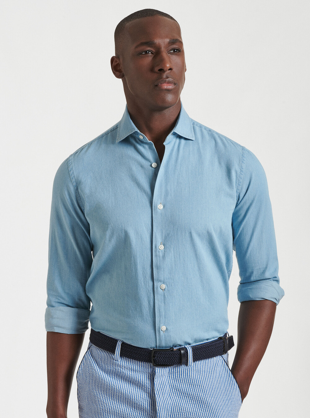 Denim shirt with semi French collar in cotton chambray