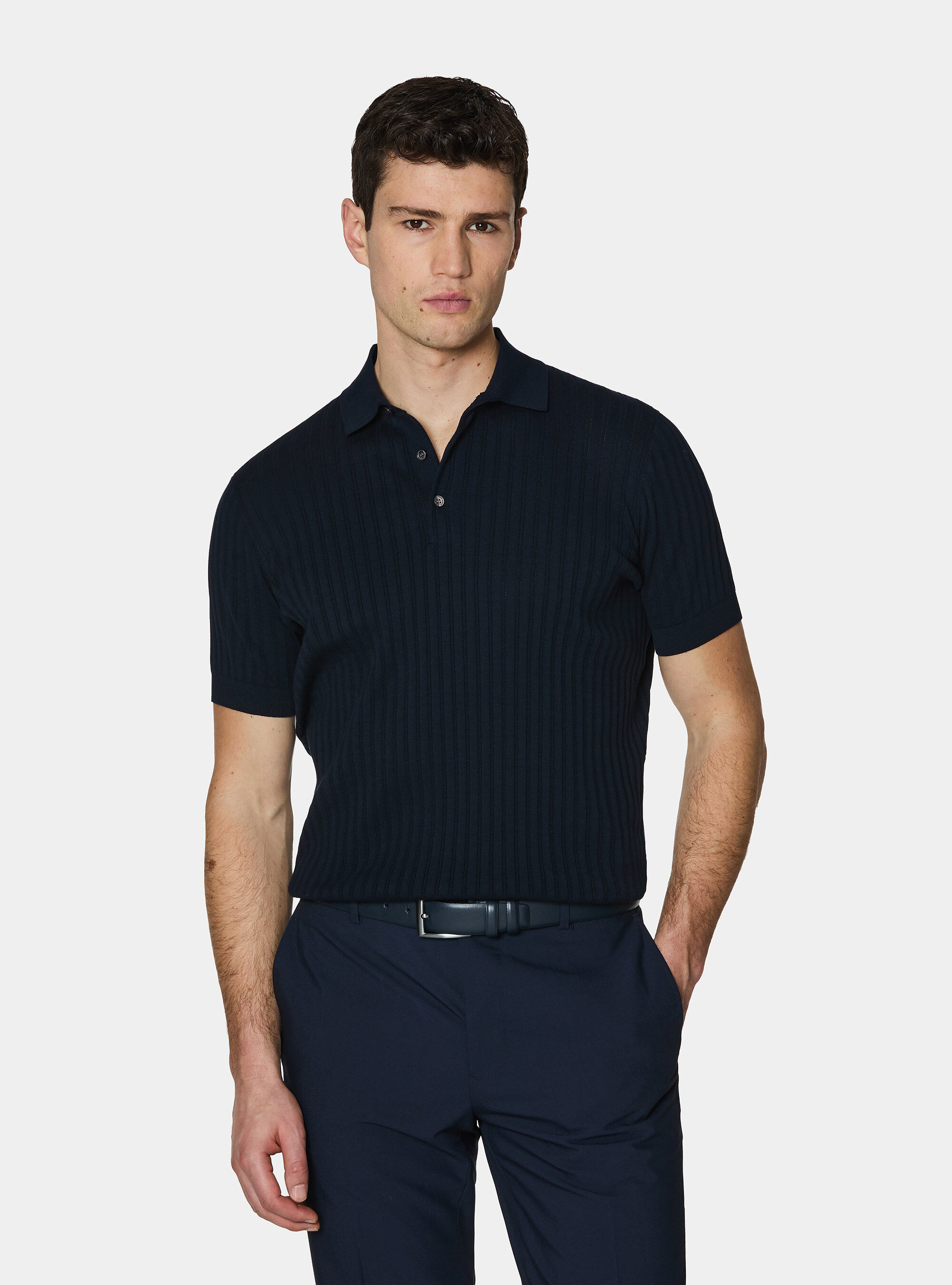 Extra-fine cotton knit polo shirt with openwork ribbing, NAVY BLUE