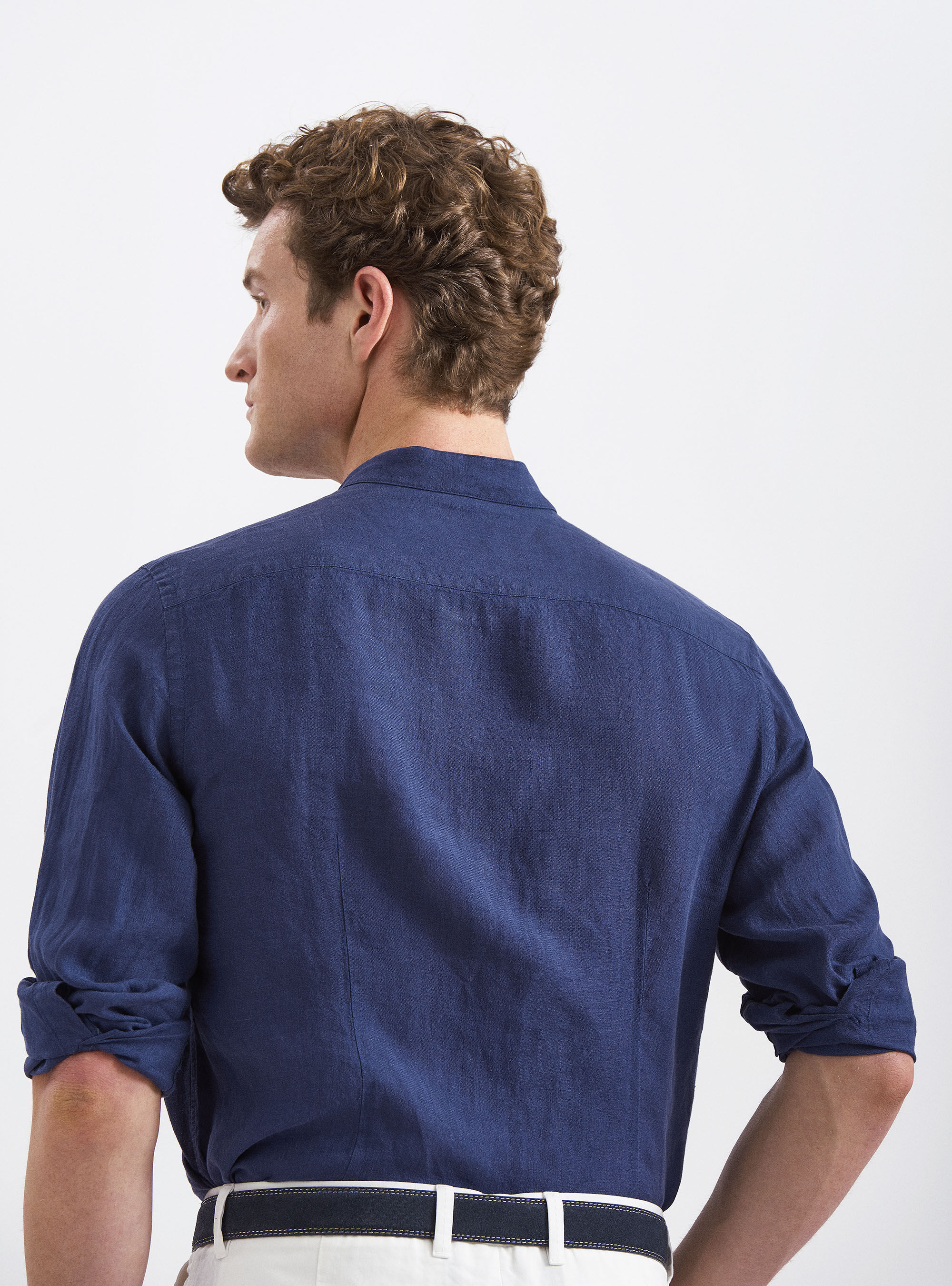 Camicia coreana in puro lino, BLU NAVY