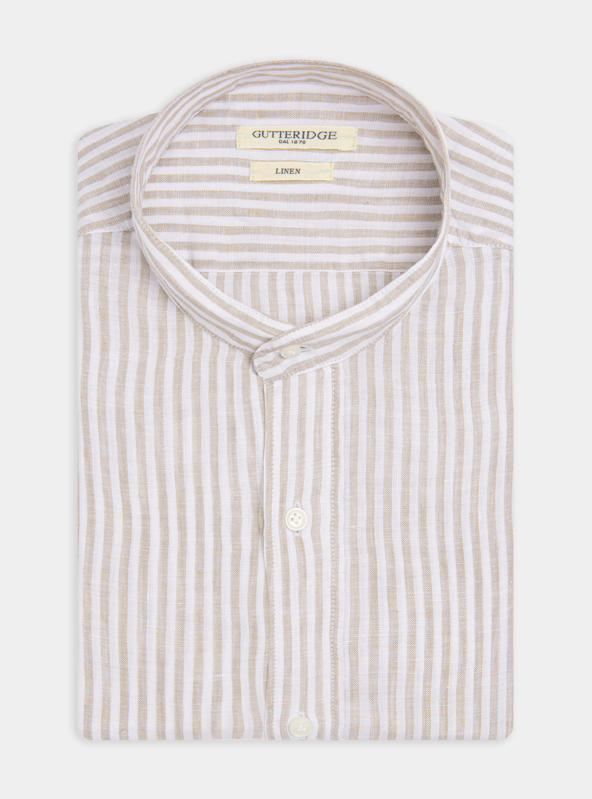 Korean collar shirt in pure linen striped, SAND