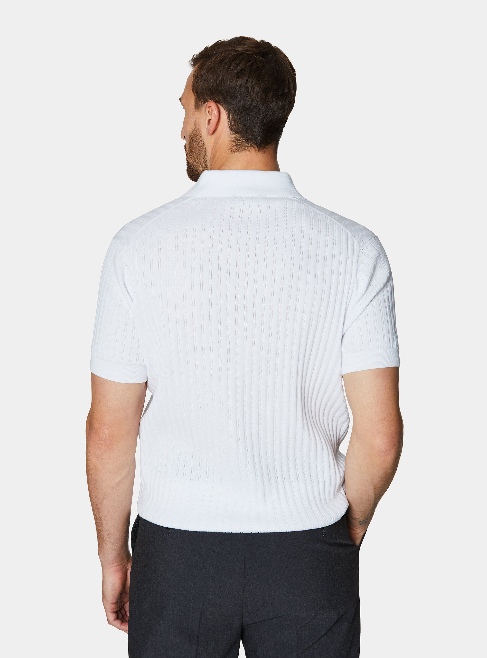 Extra-fine cotton knit polo shirt with openwork ribbing, WHITE