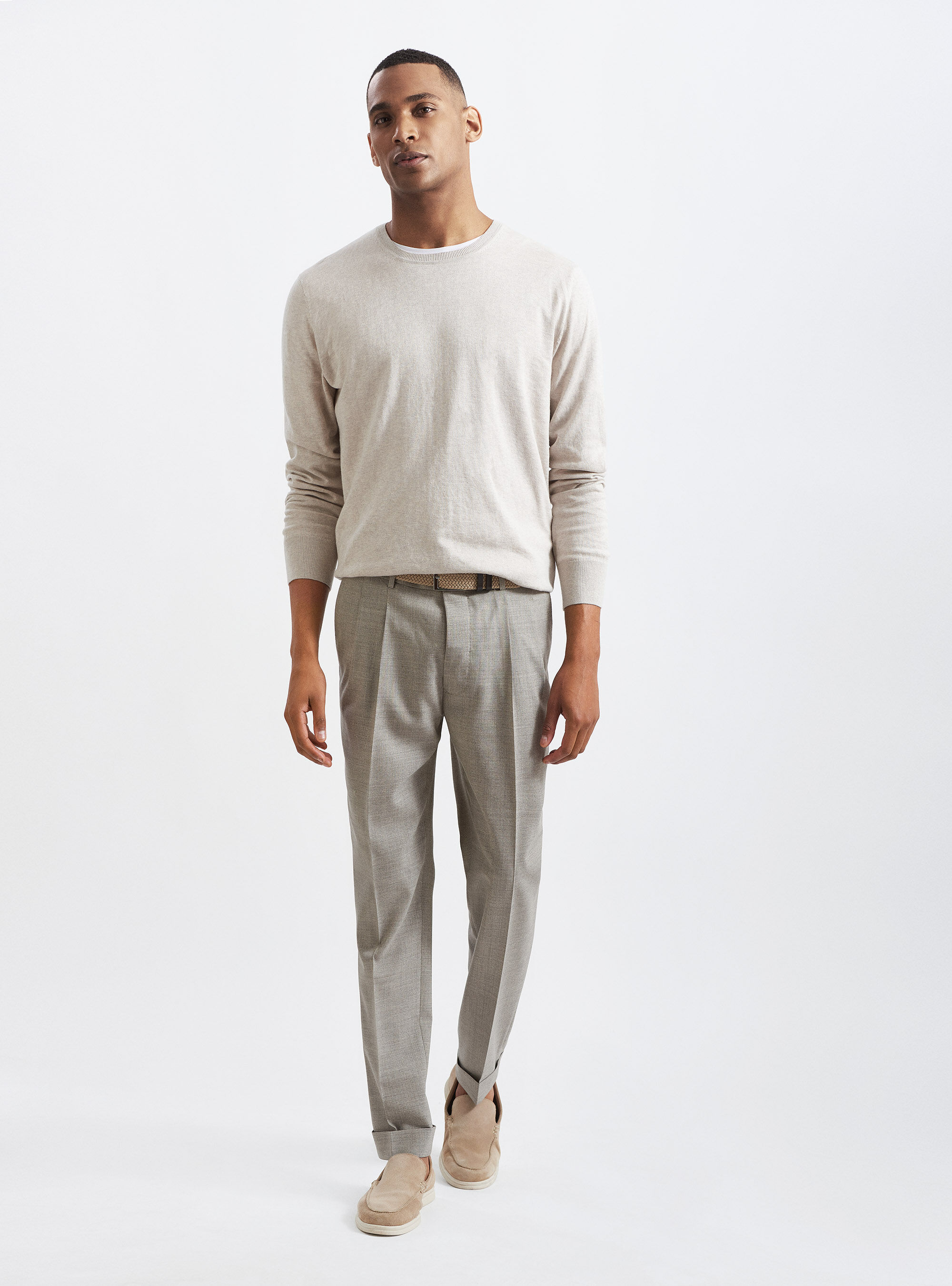 Jersey de cuello redondo de algod&oacute;n, seda y cachemira, GRIS CLARO JASPEADO