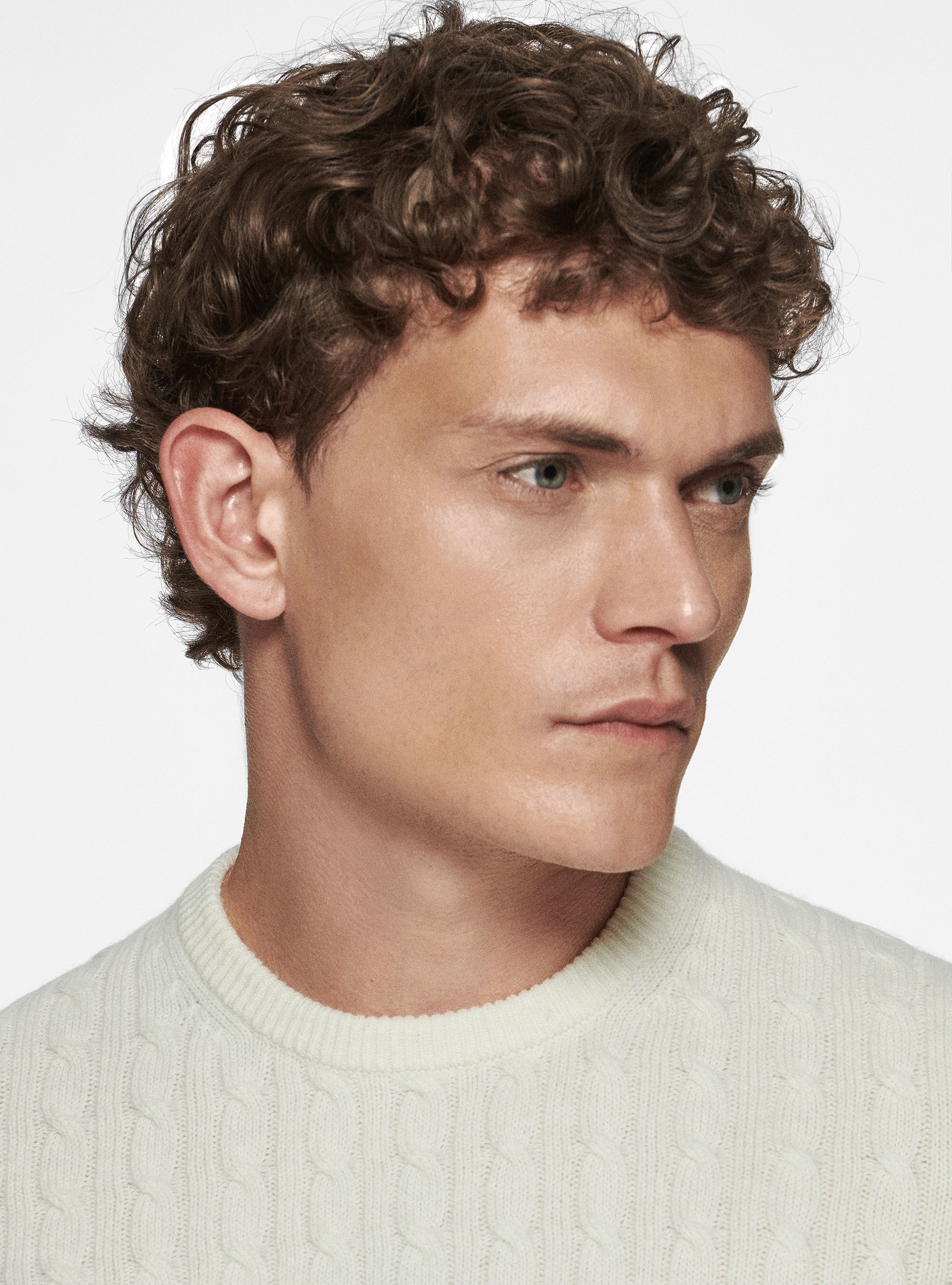 Maglia girocollo con treccia in lana e cashmere, BIANCO