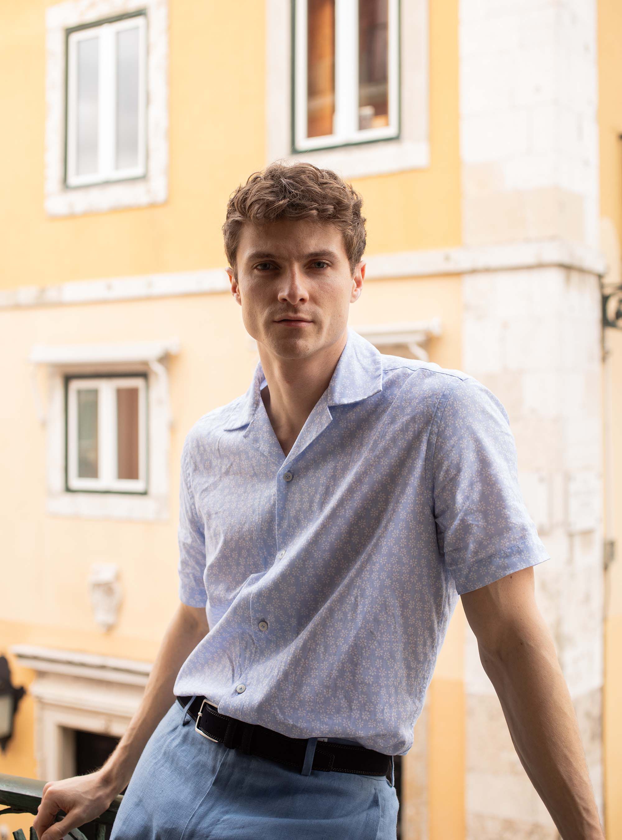 Chemise bowling, lin et coton imprim&eacute;, BLEU CIEL