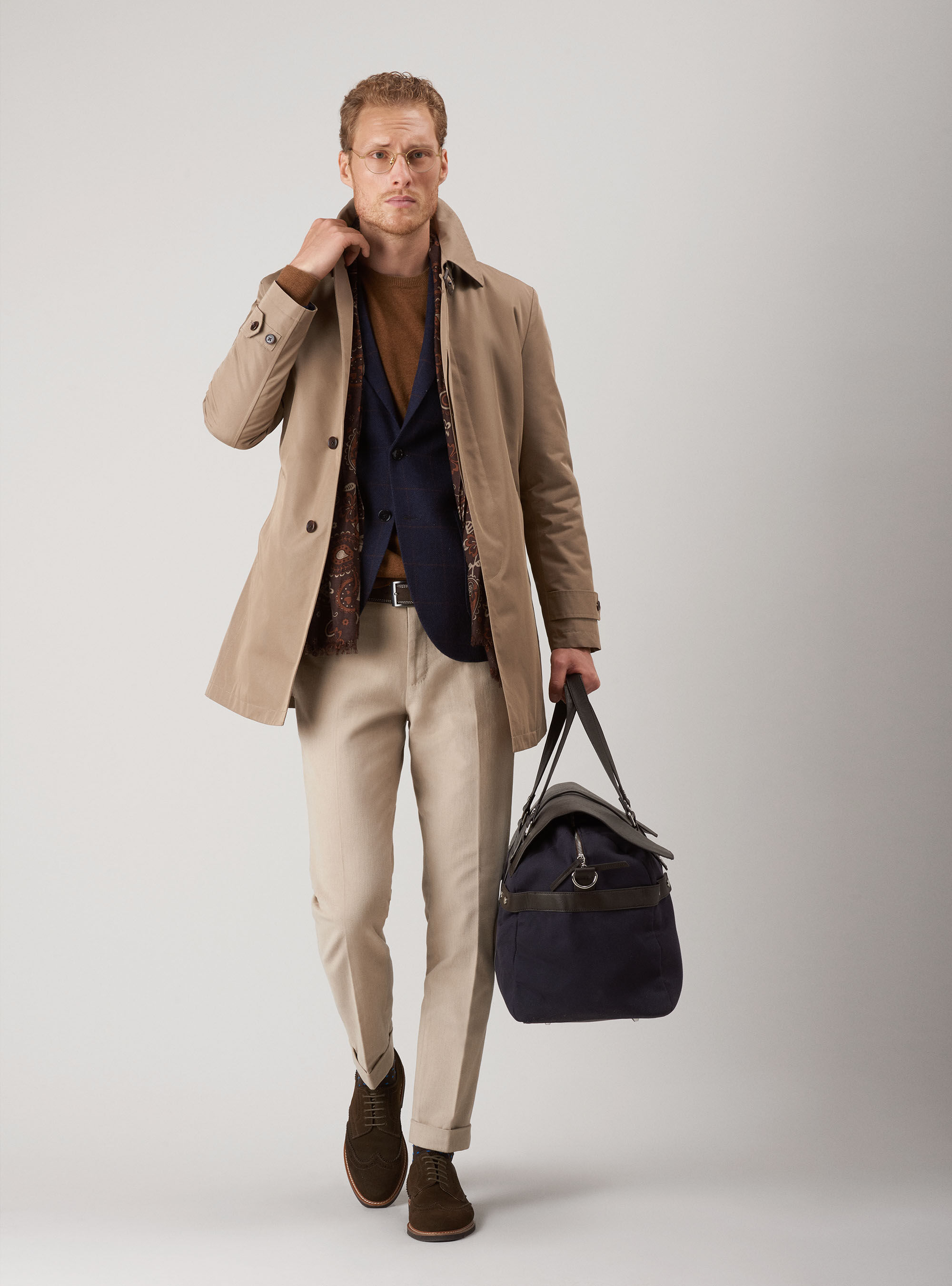 Checked jacket in lambswool and cashmere, NAVY BLUE