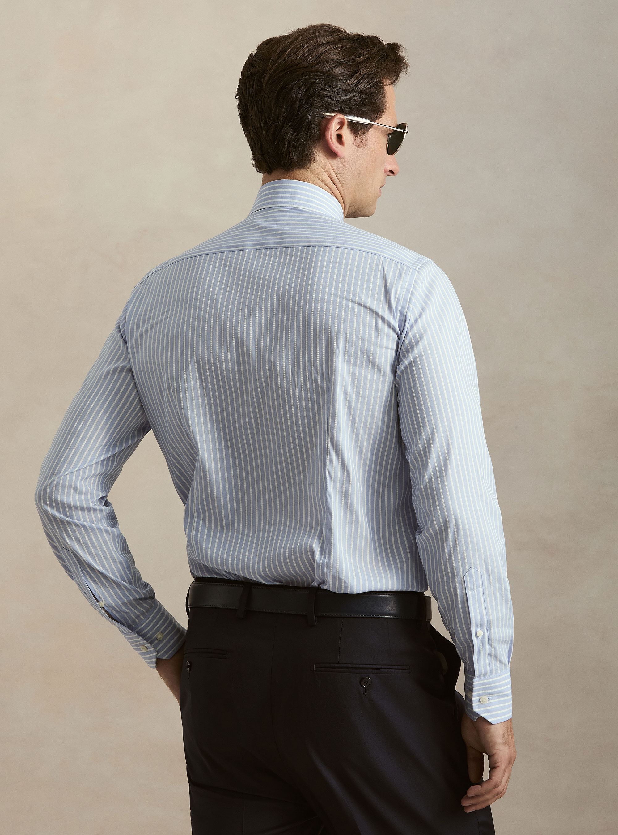Camisa de rayas de mezcla de algod&oacute;n, CELESTE