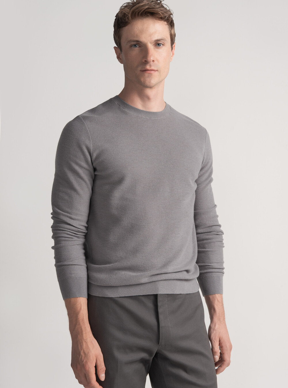 Maglia girocollo nido d'ape in cotone cashmere, GRIGIO CHIARO Maglia girocollo nido d'ape in cotone cashmere