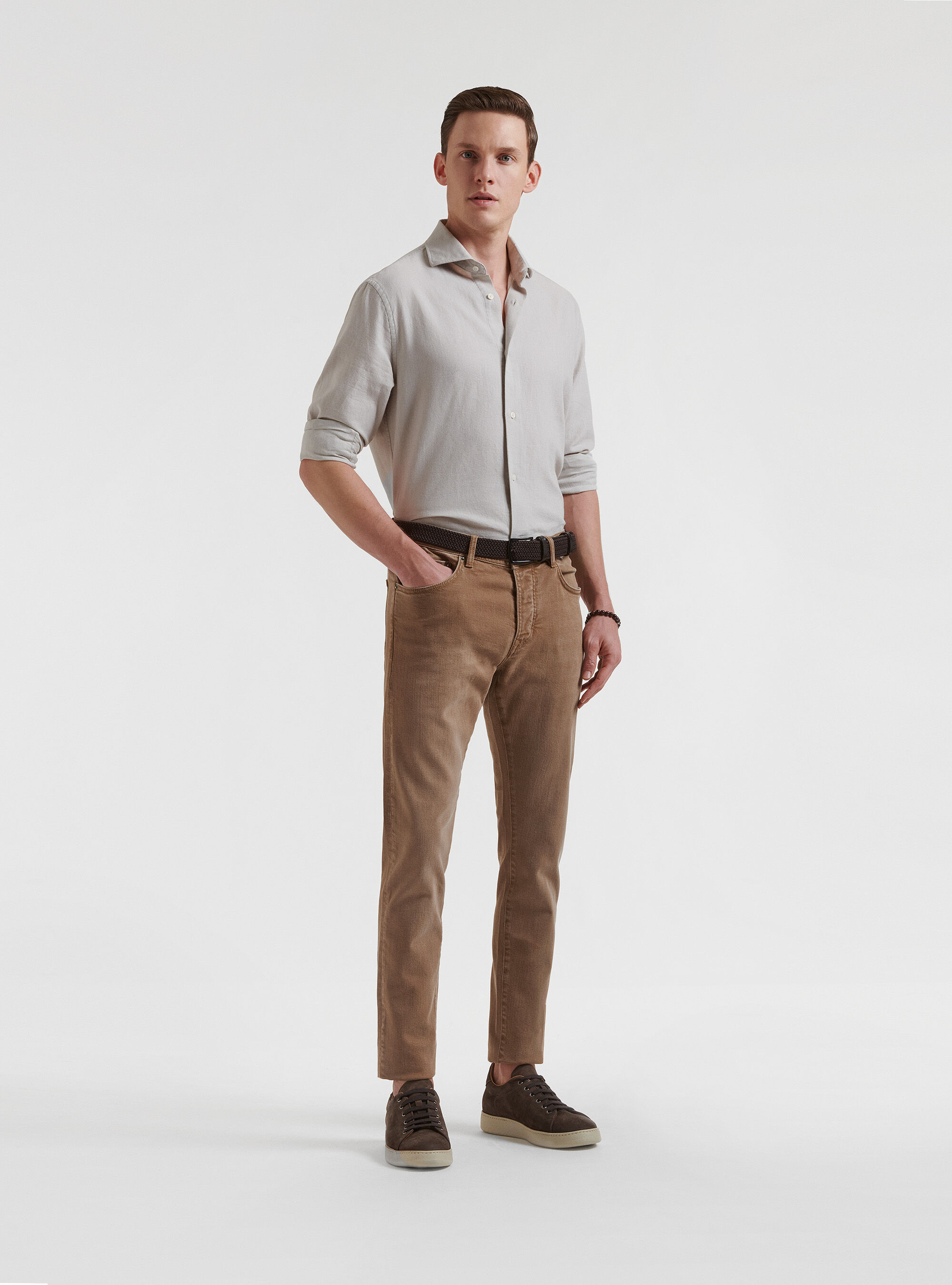 Semi-French collar shirt in pure gauzed cotton, ECRU