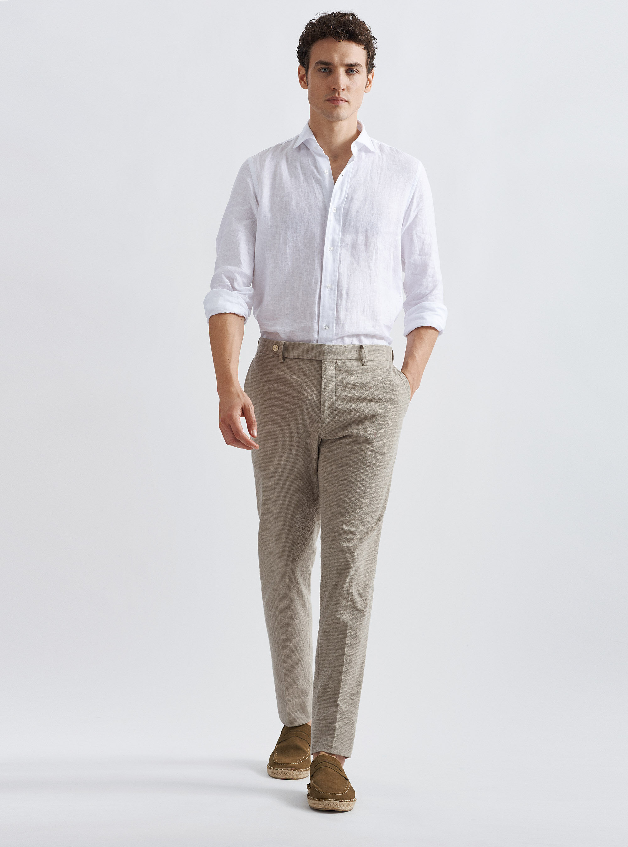 Pantaloni per abito in cotone seersucker, SABBIA