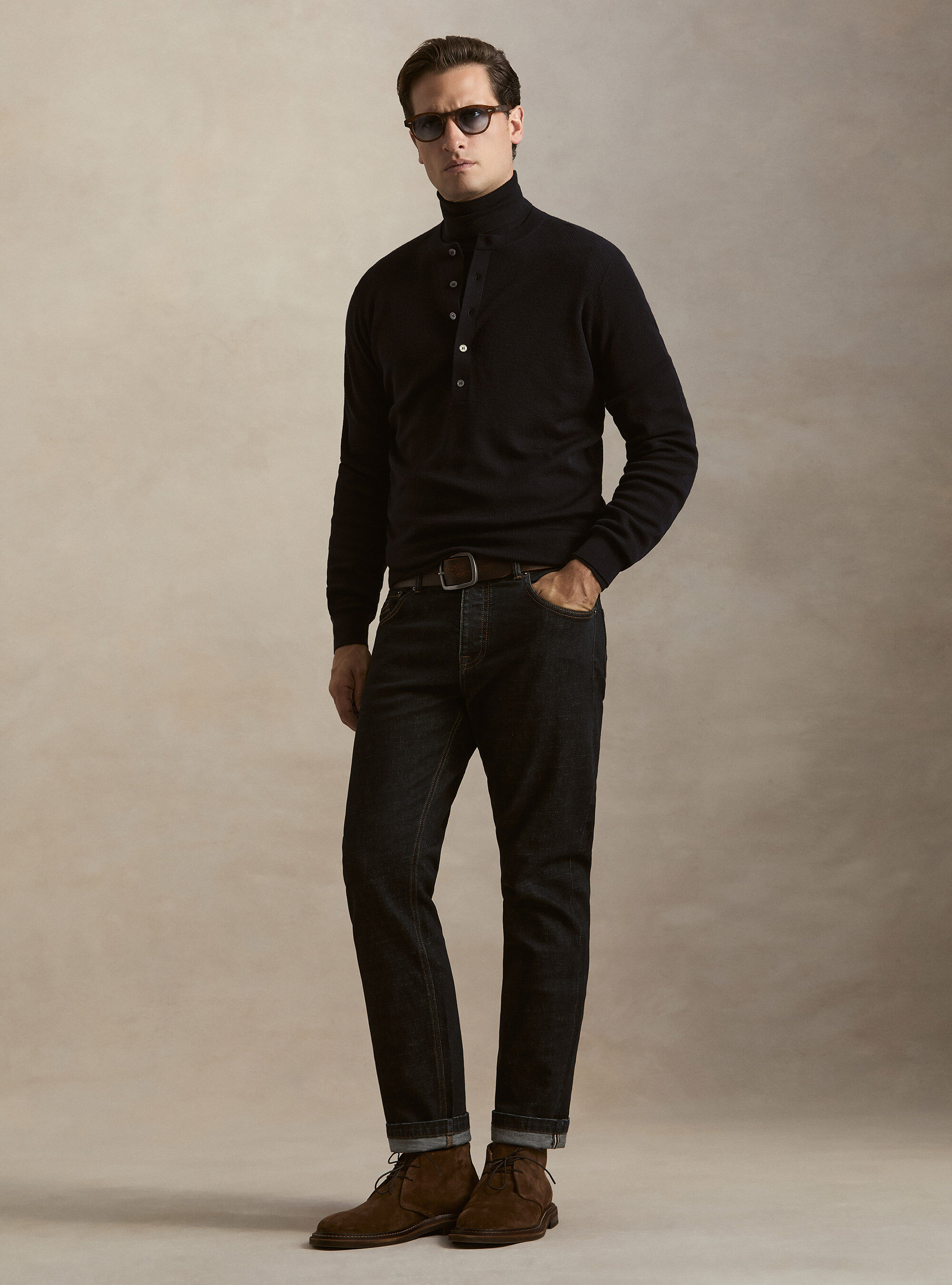 Ribbed wool Henley shirt, NAVY BLUE
