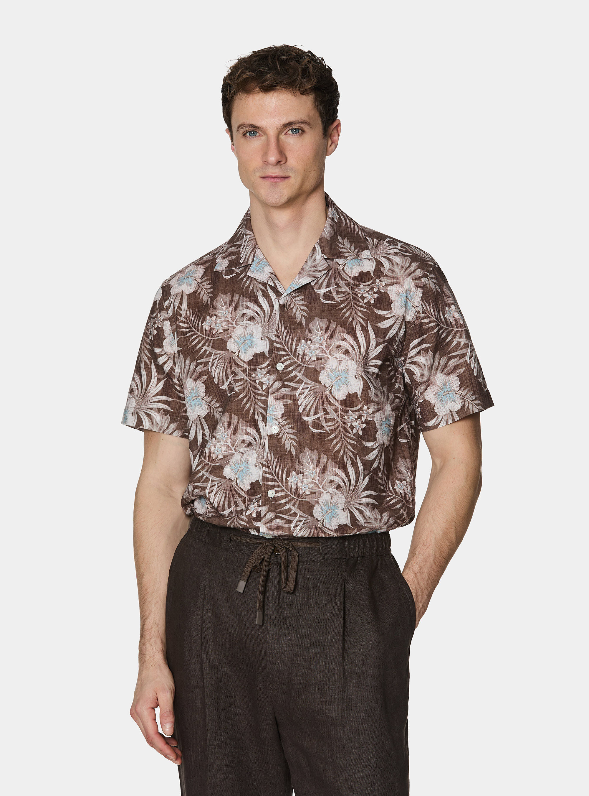 Printed linen and cotton bowling shirt