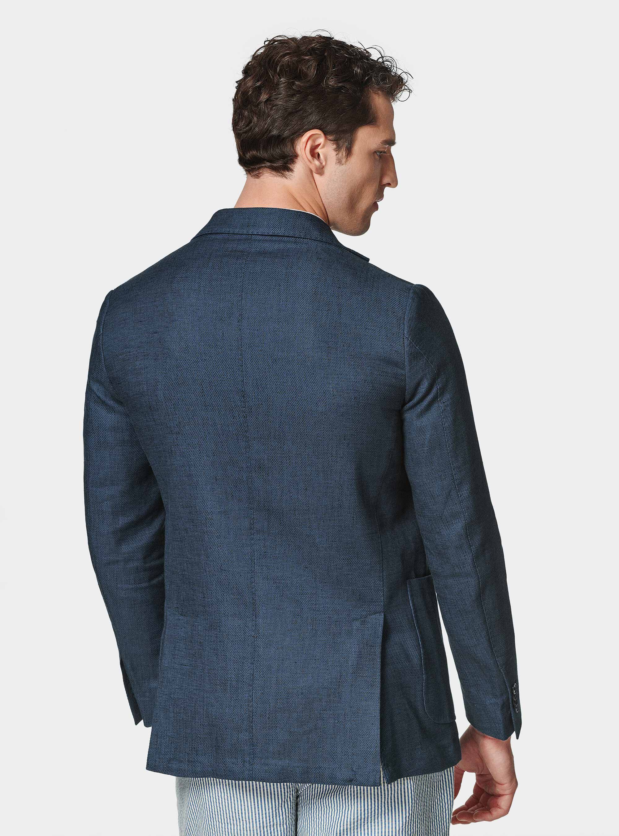 Linen and cotton blend blazer, NAVY BLUE