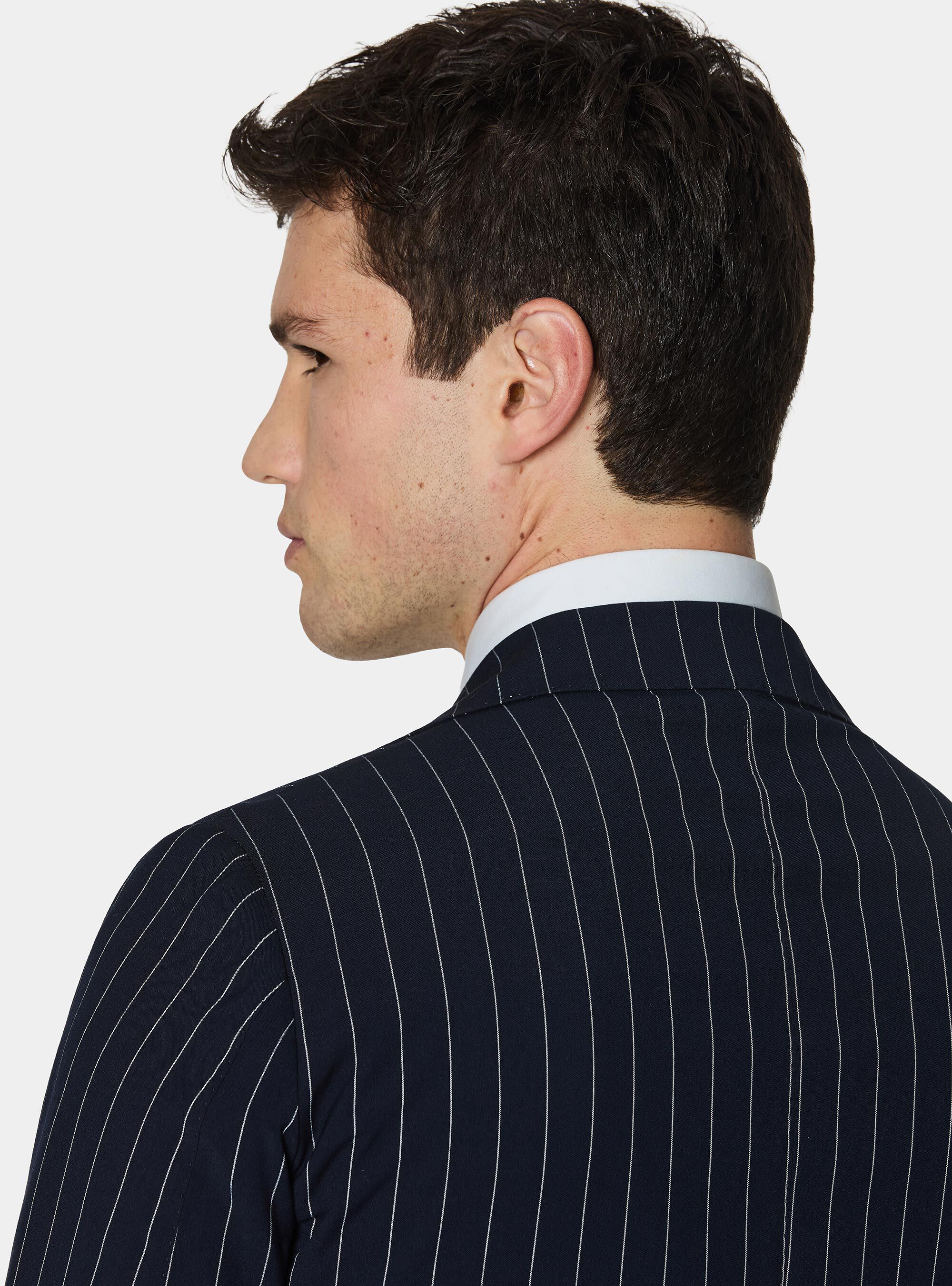 Double-breasted pinstriped suit blazer, NAVY BLUE