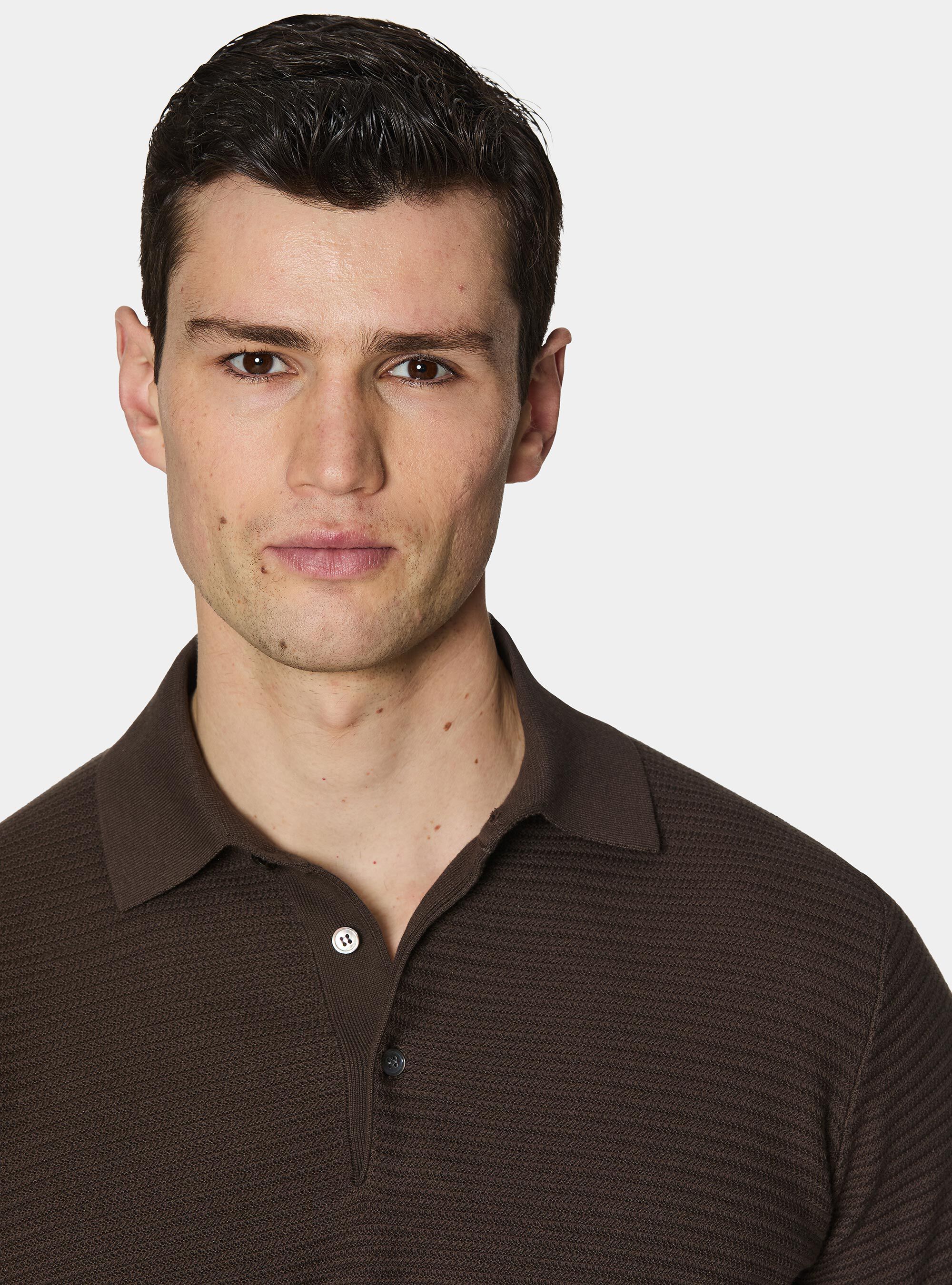 Textured cotton knit polo shirt, BROWN