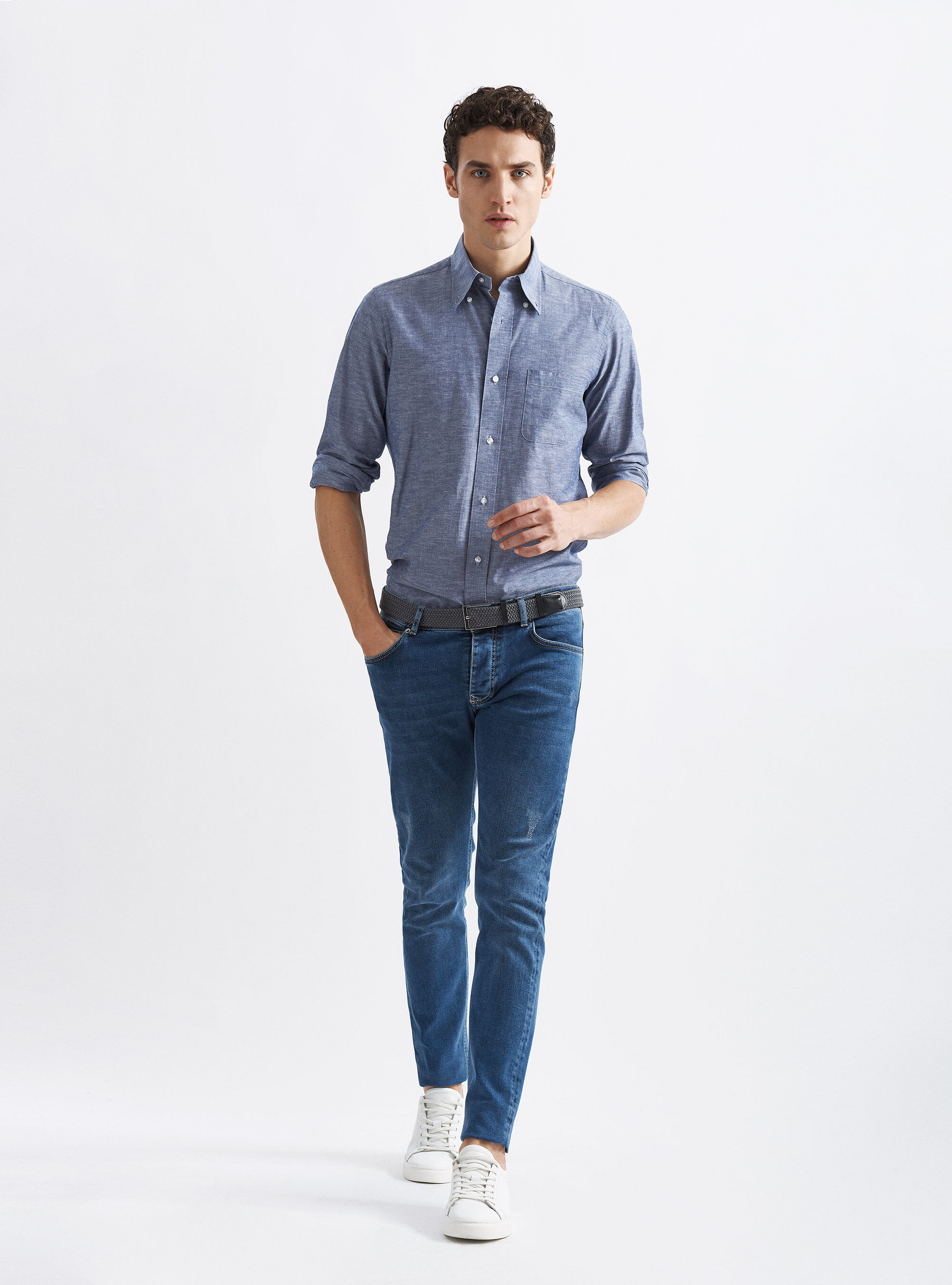 Camicia comfort collo button down in cotone e lino, BLU NAVY