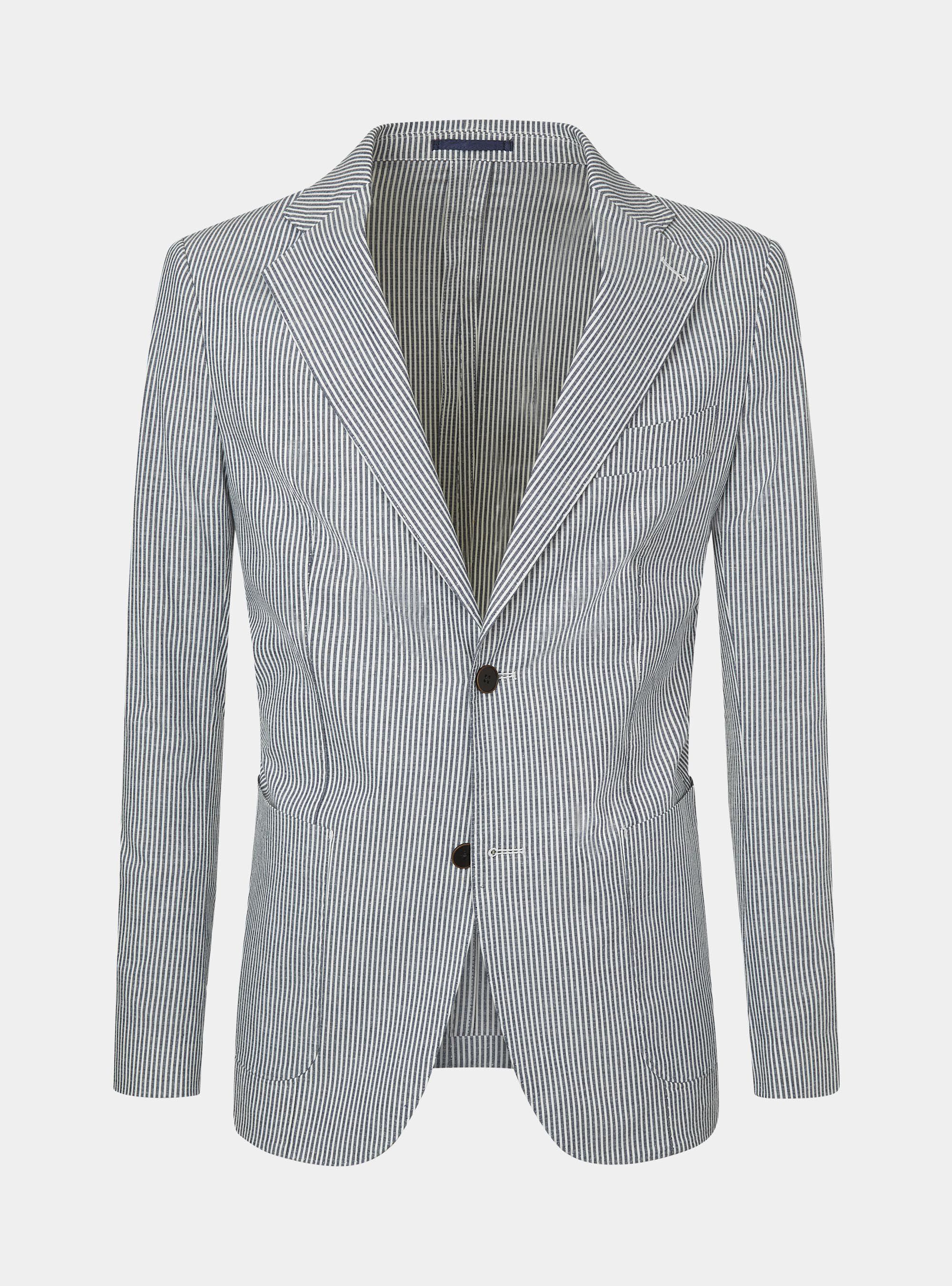 Giacca blu in cotone e lino rigato, BLU