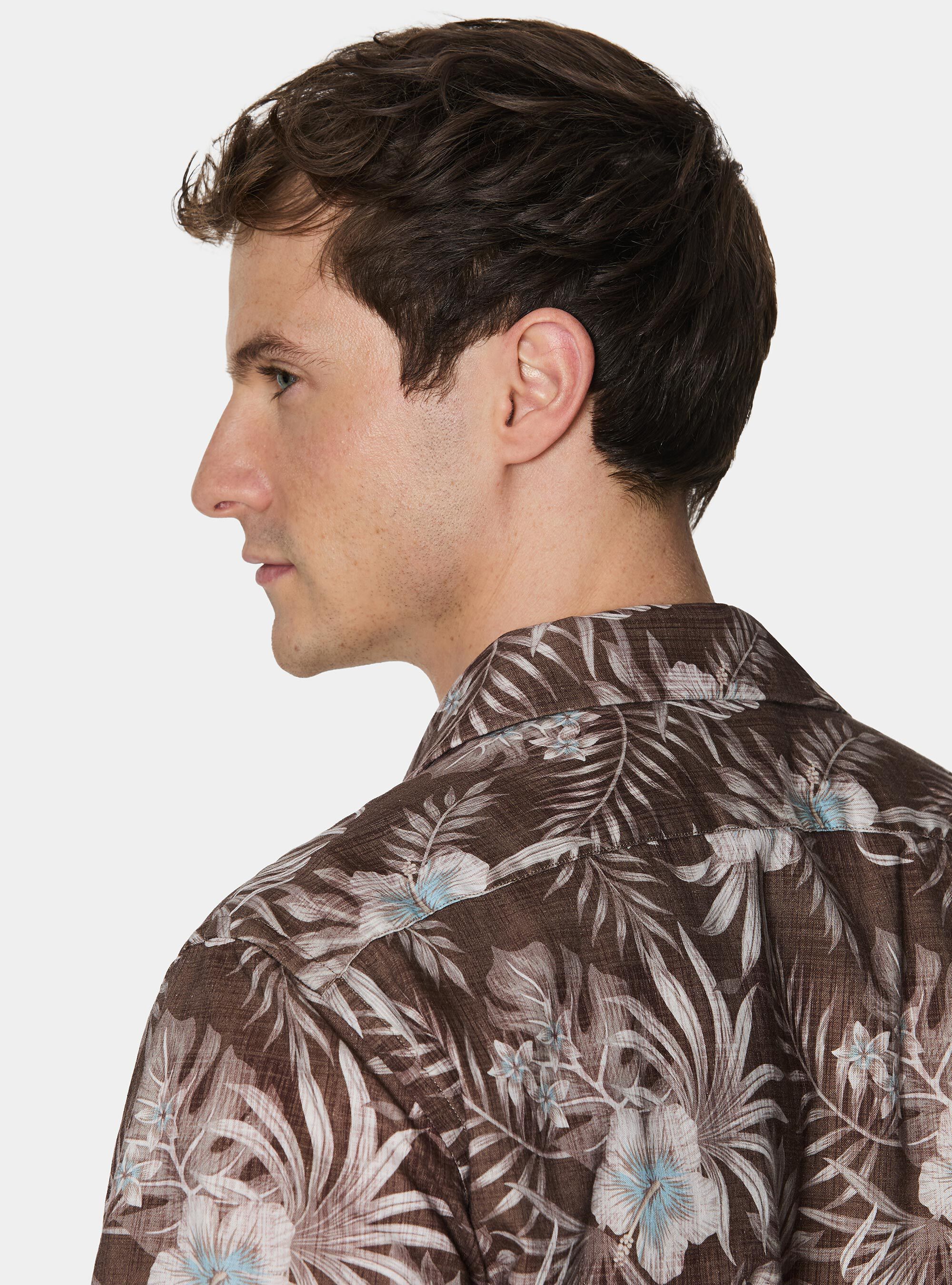 Printed linen and cotton bowling shirt, BROWN