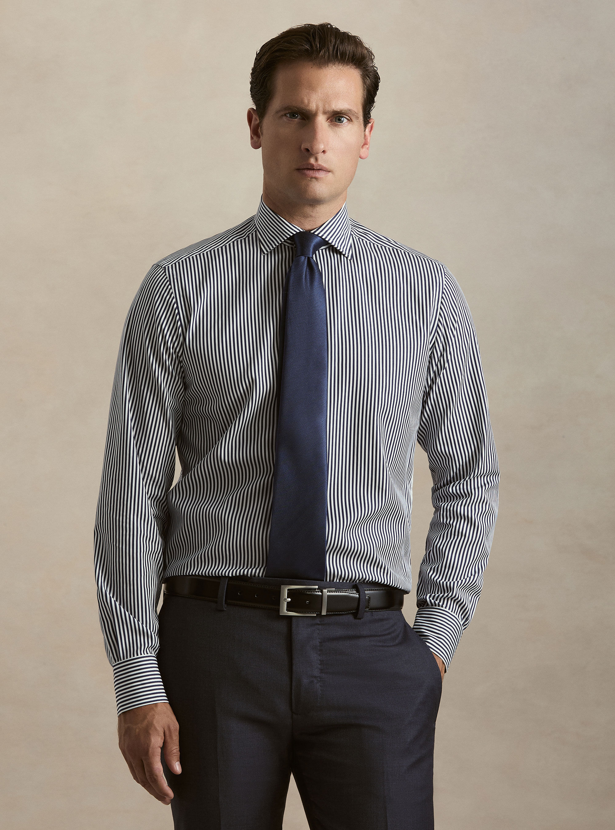 Camicia rigata cotone popeline collo semifrancese