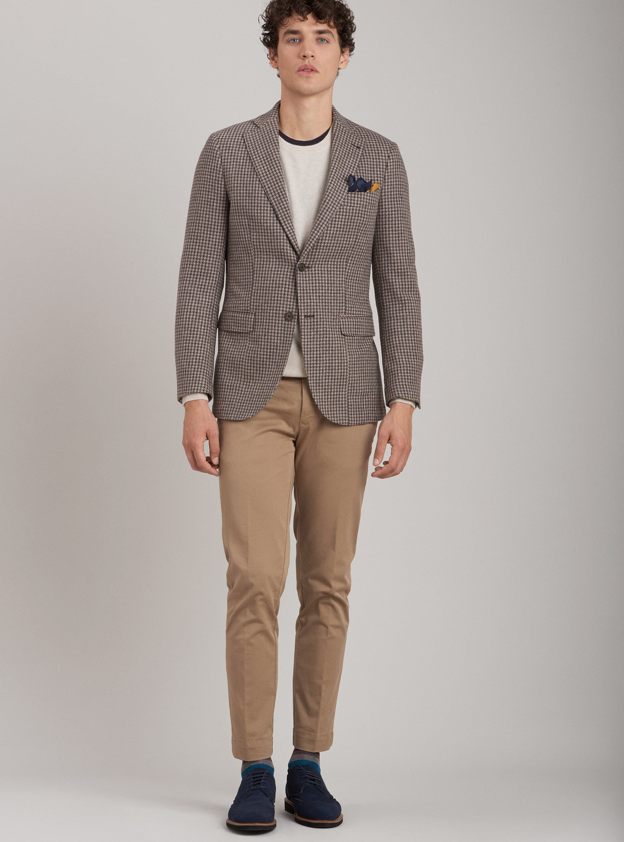  Pied de poule Blazer in wool, cotton and cashmere, BROWN