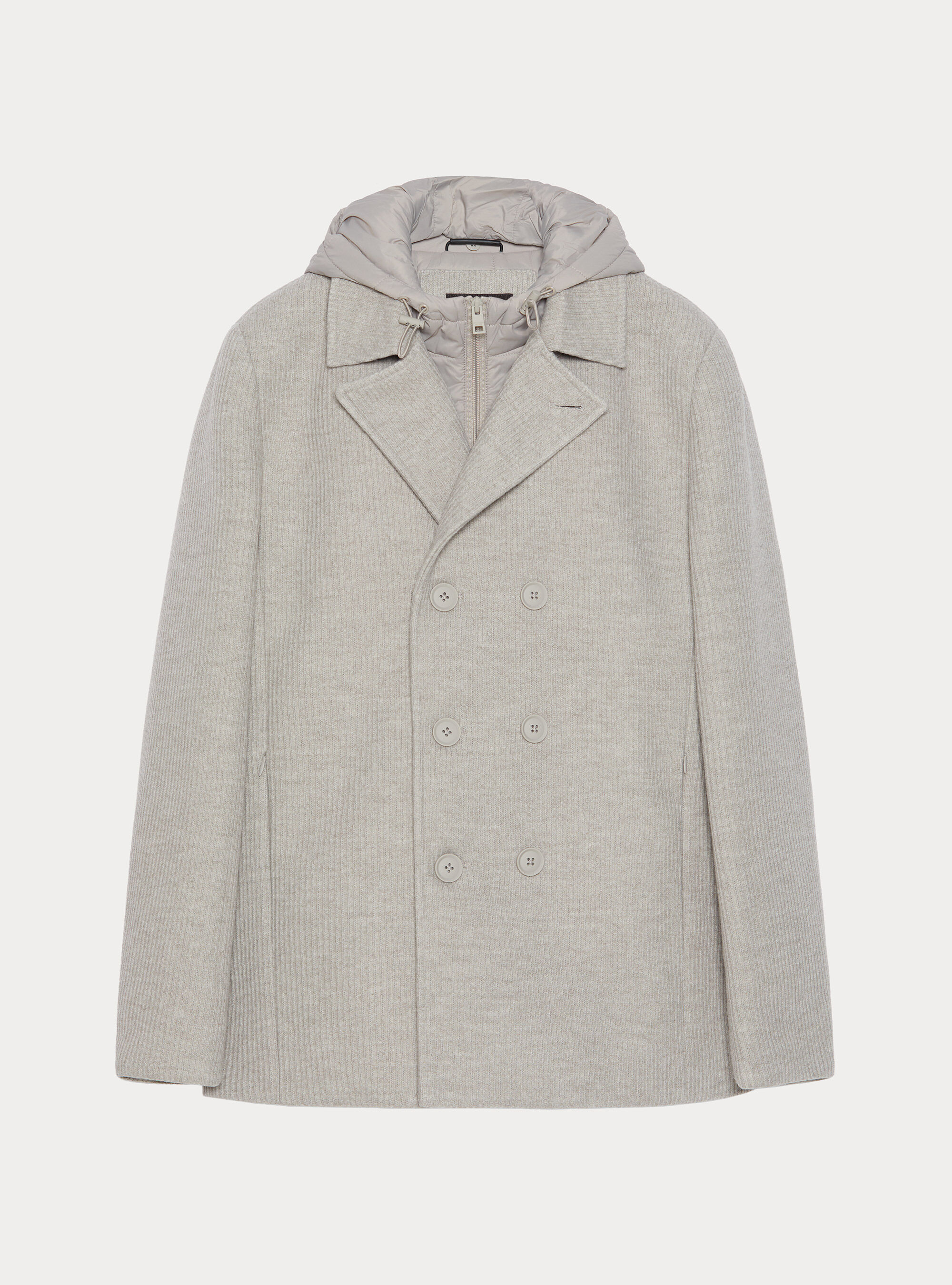 Double-breasted ribbed jacket with removable bib and hood, ECRU