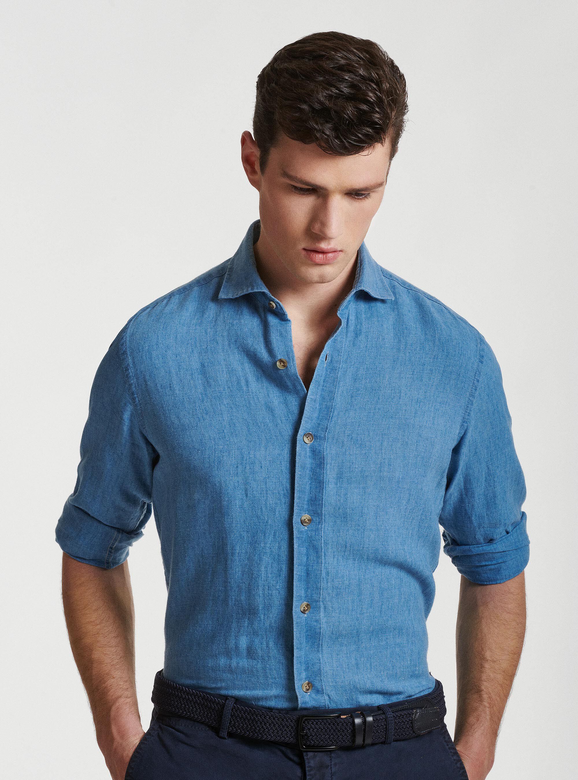 Camicia di lino azzurra uomo top
