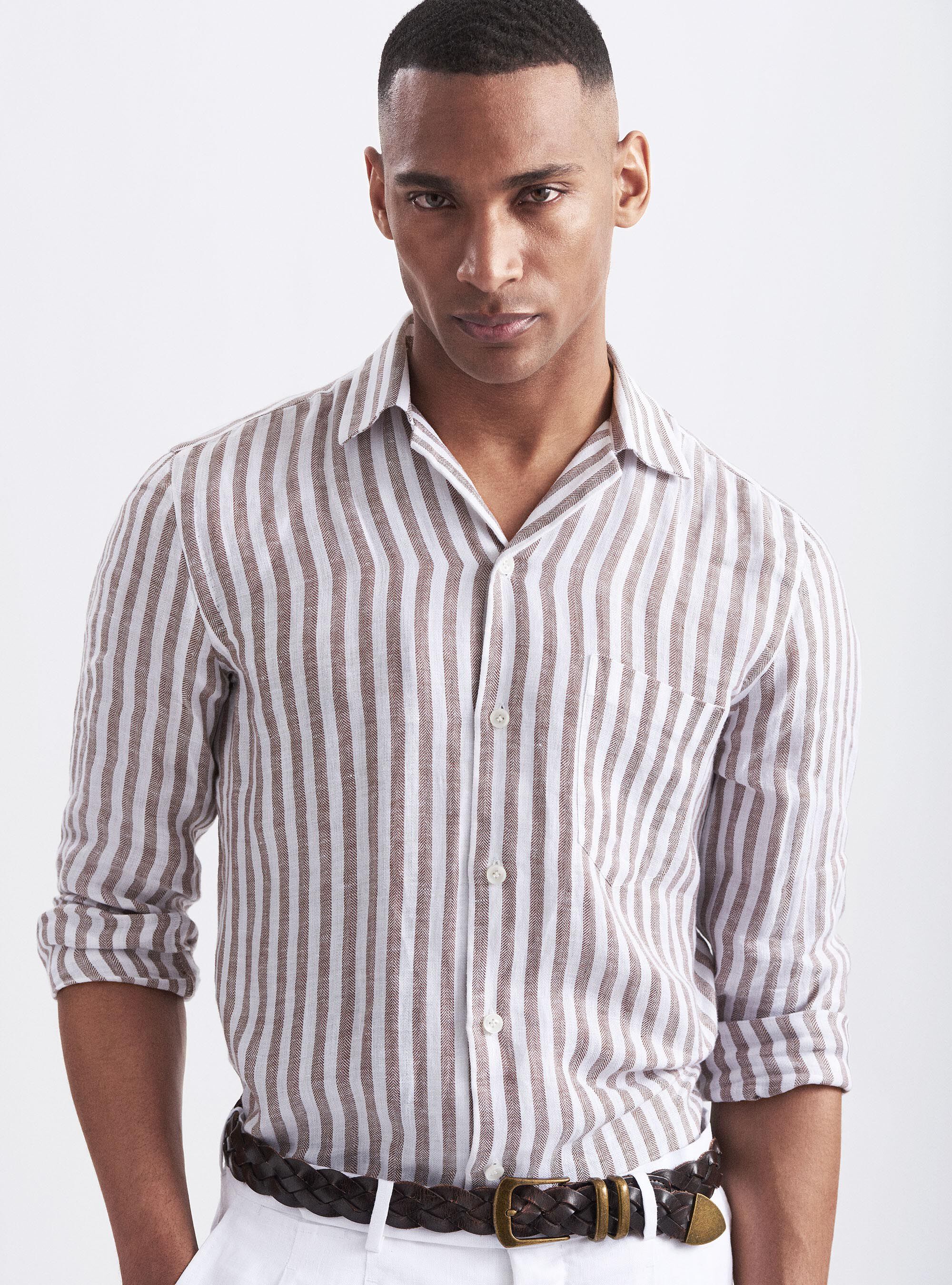 Comfort linen herringbone stripe shirt