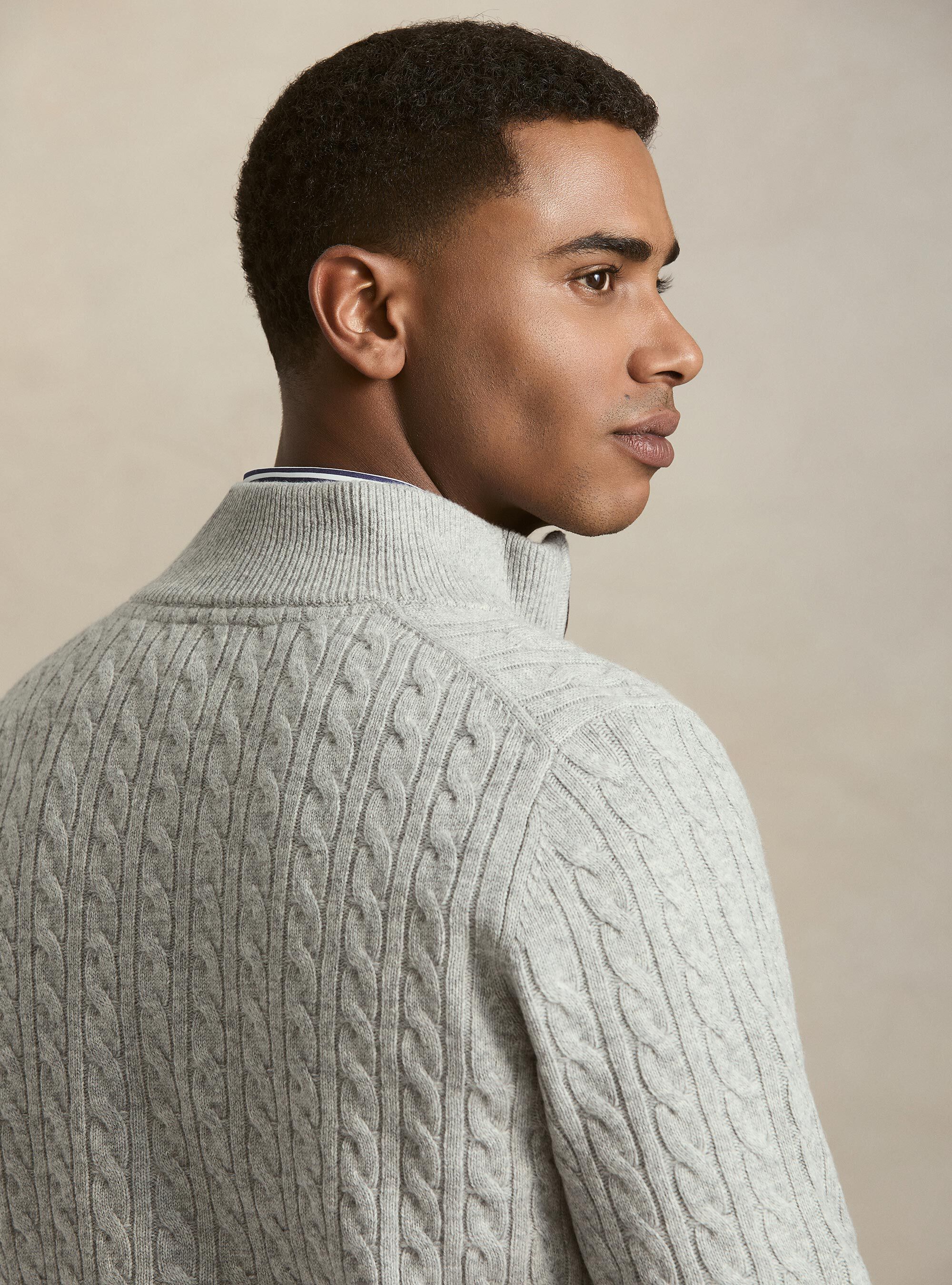Cable-knit wool and cashmere mock neck sweater, LIGHT GREY MELANGE