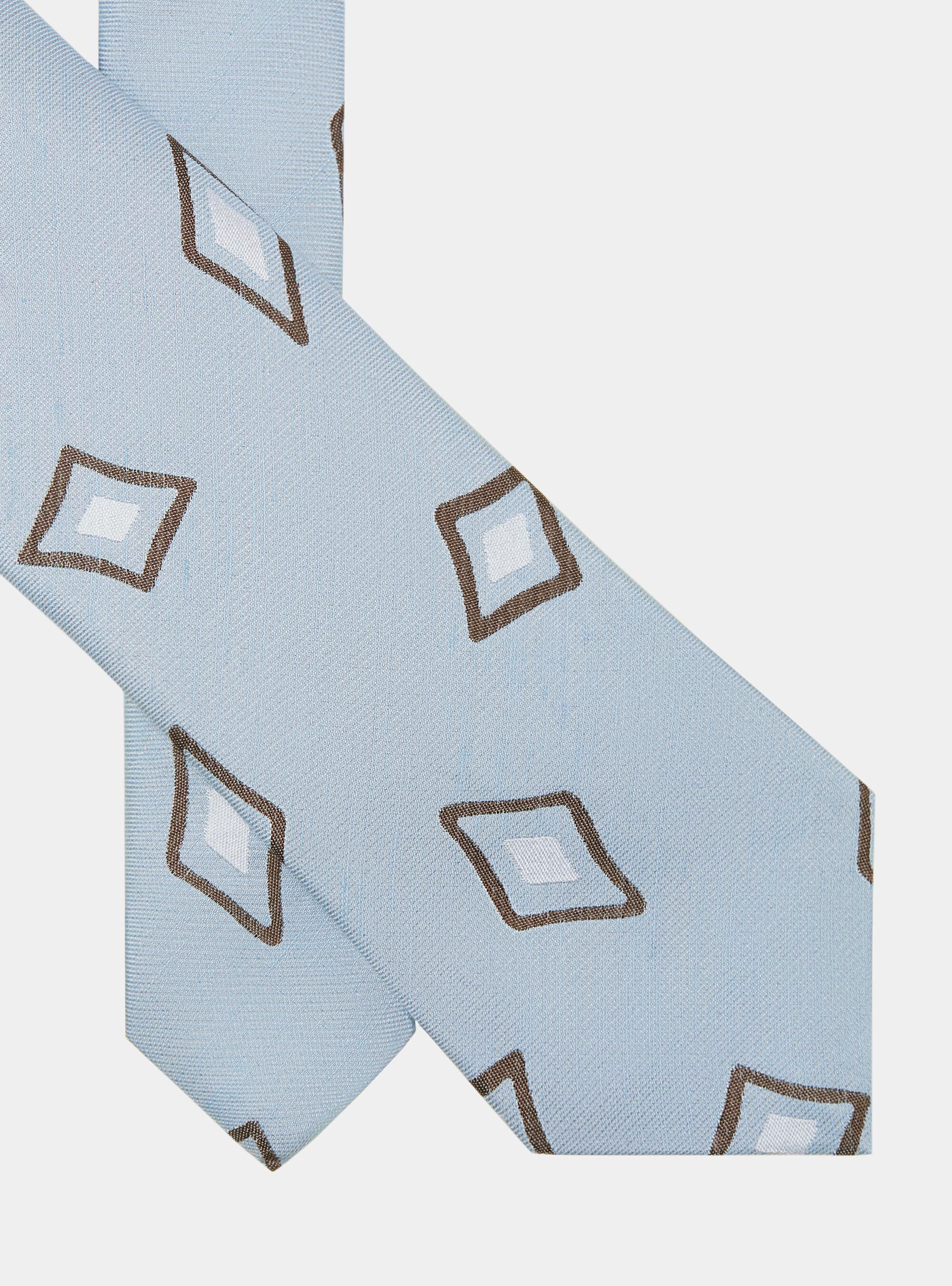 Cravatta in seta e lino fantasia geometrica, AZZURRO