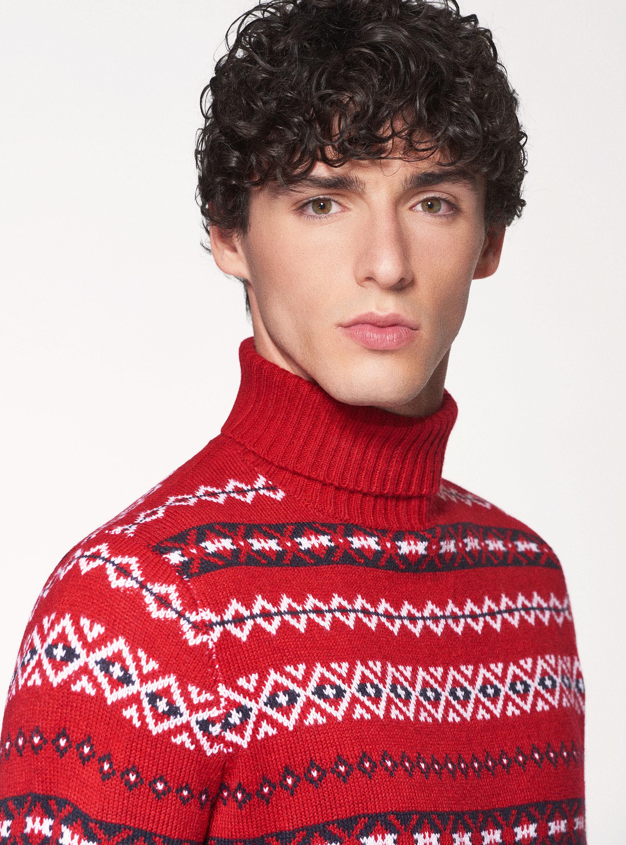 Pull &agrave; col roul&eacute; en jacquard, ROUGE