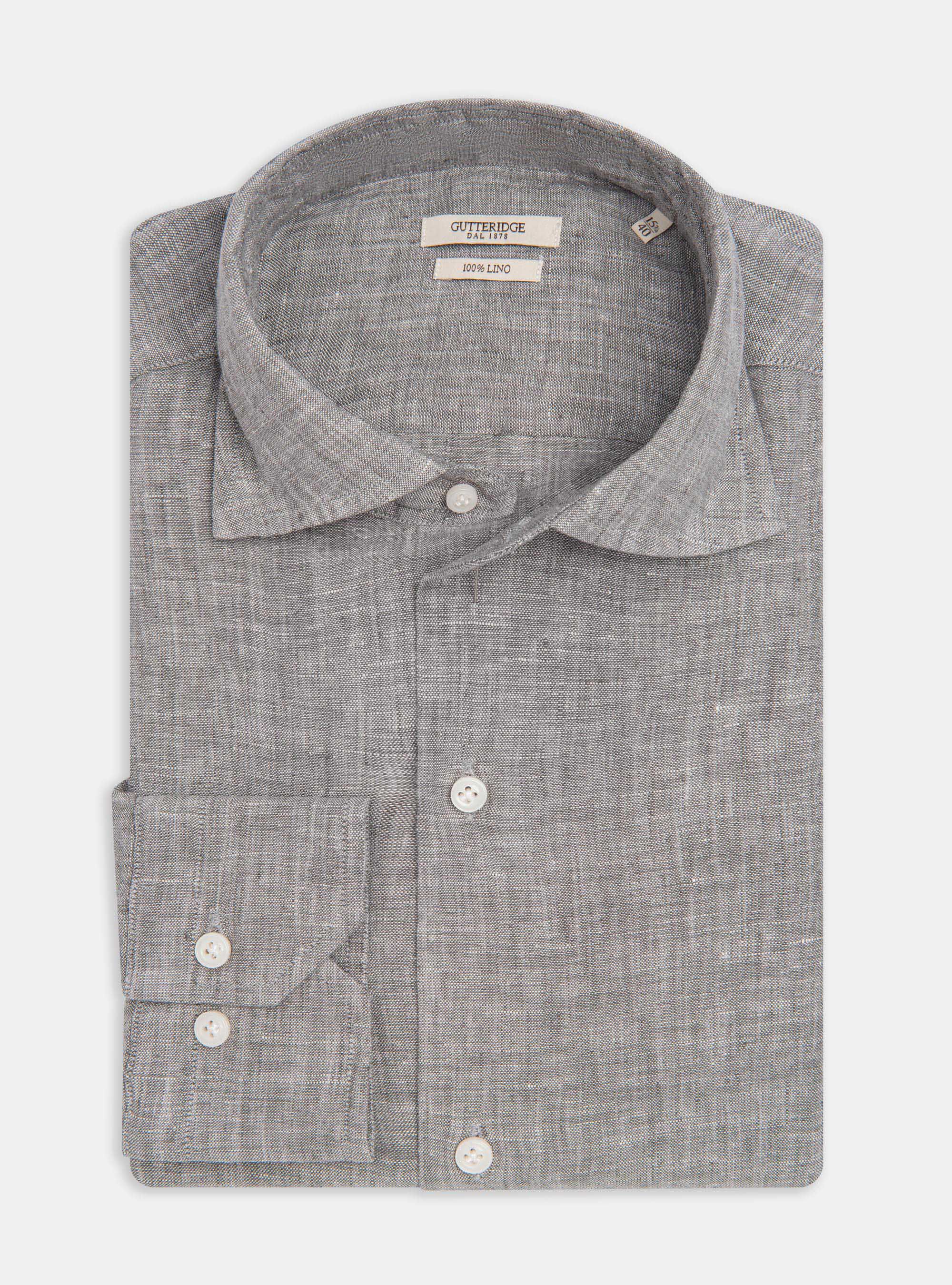 Camicia collo semi francese in puro lino, GRIGIO CHIARO MELANGE