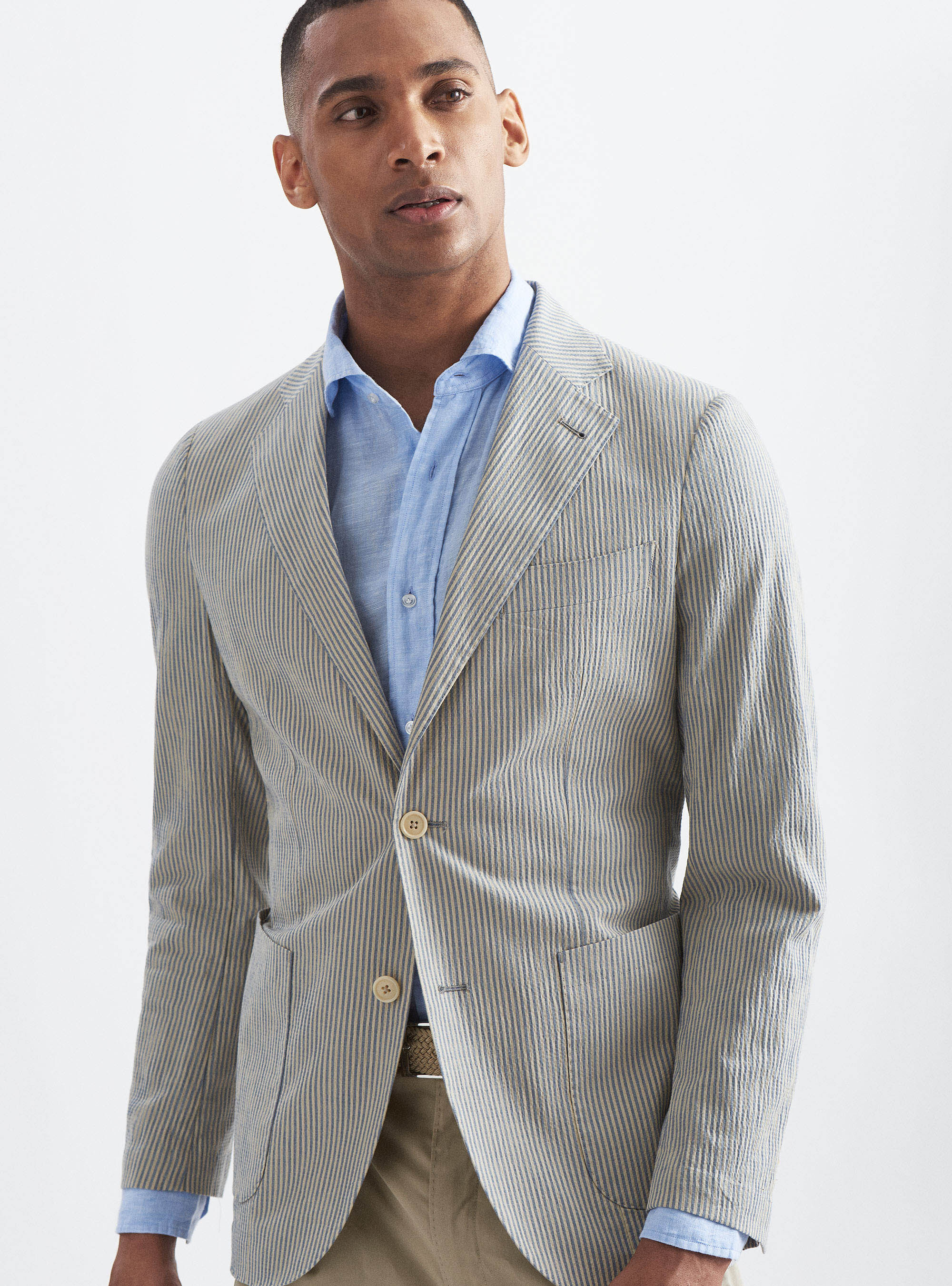 Striped cotton and linen seersucker blazer
