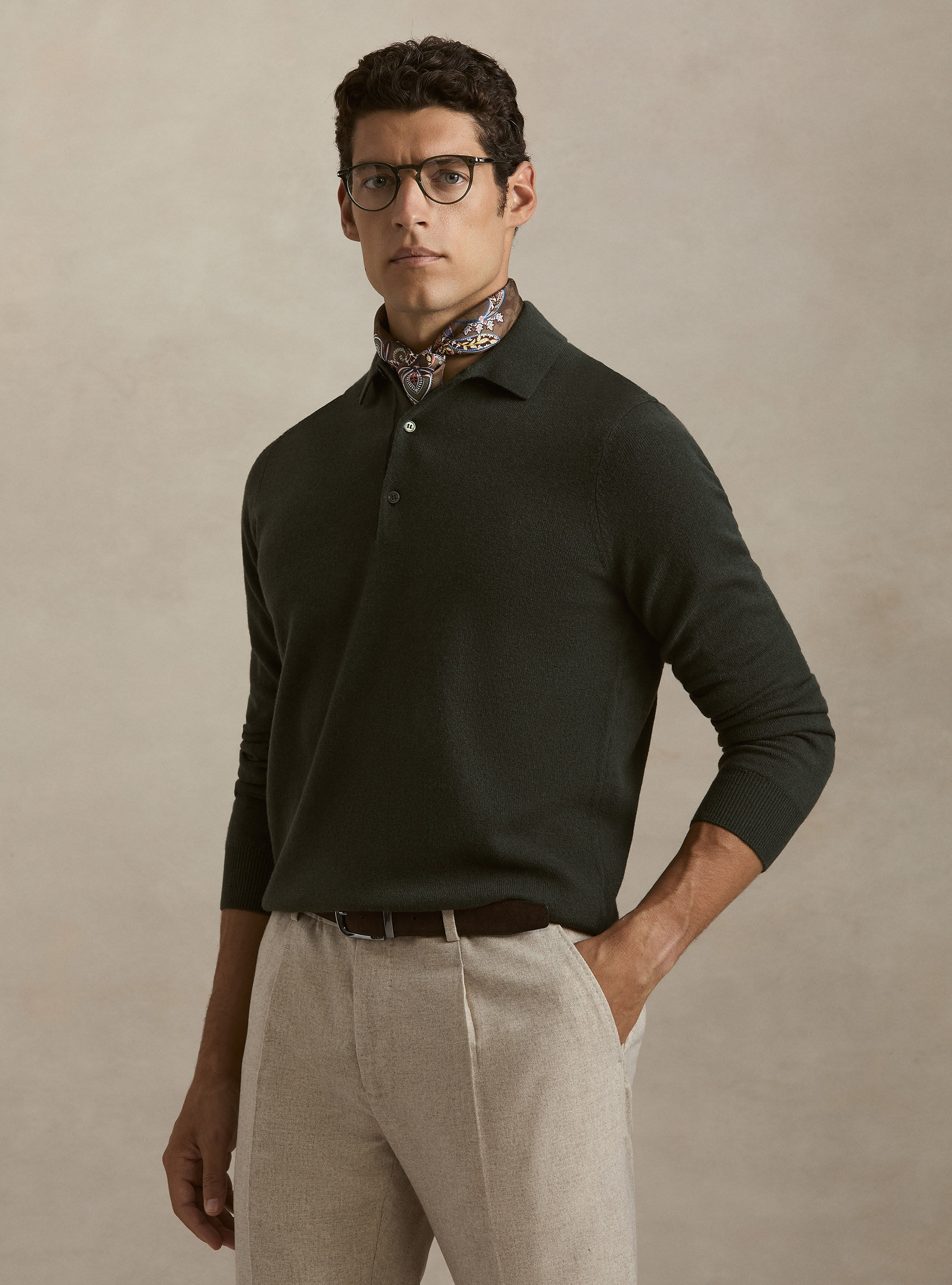 Maglia a polo in lana e cashmere, MILITARE 0609C