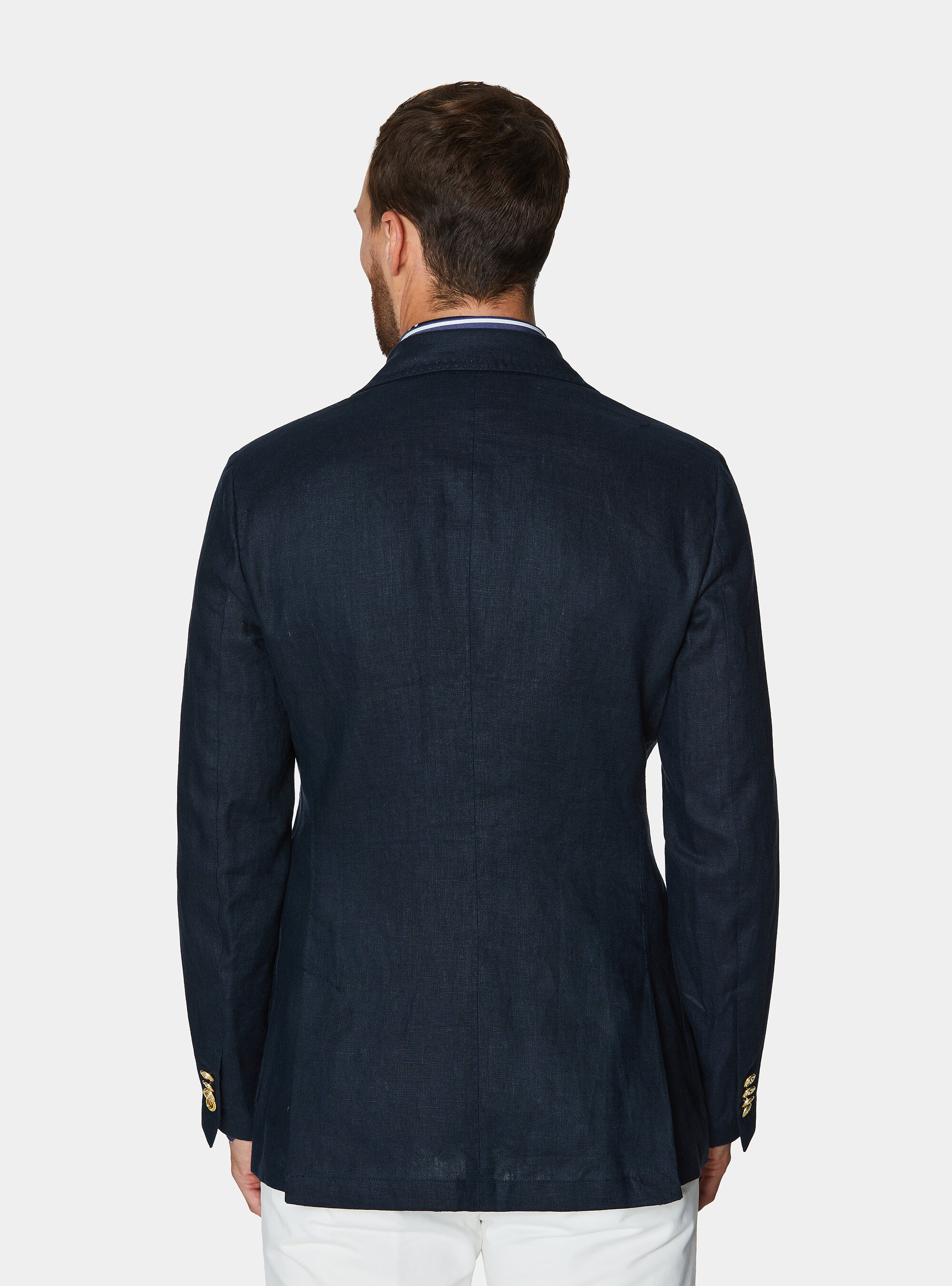 Double-breasted linen blazer with metal button, NAVY BLUE