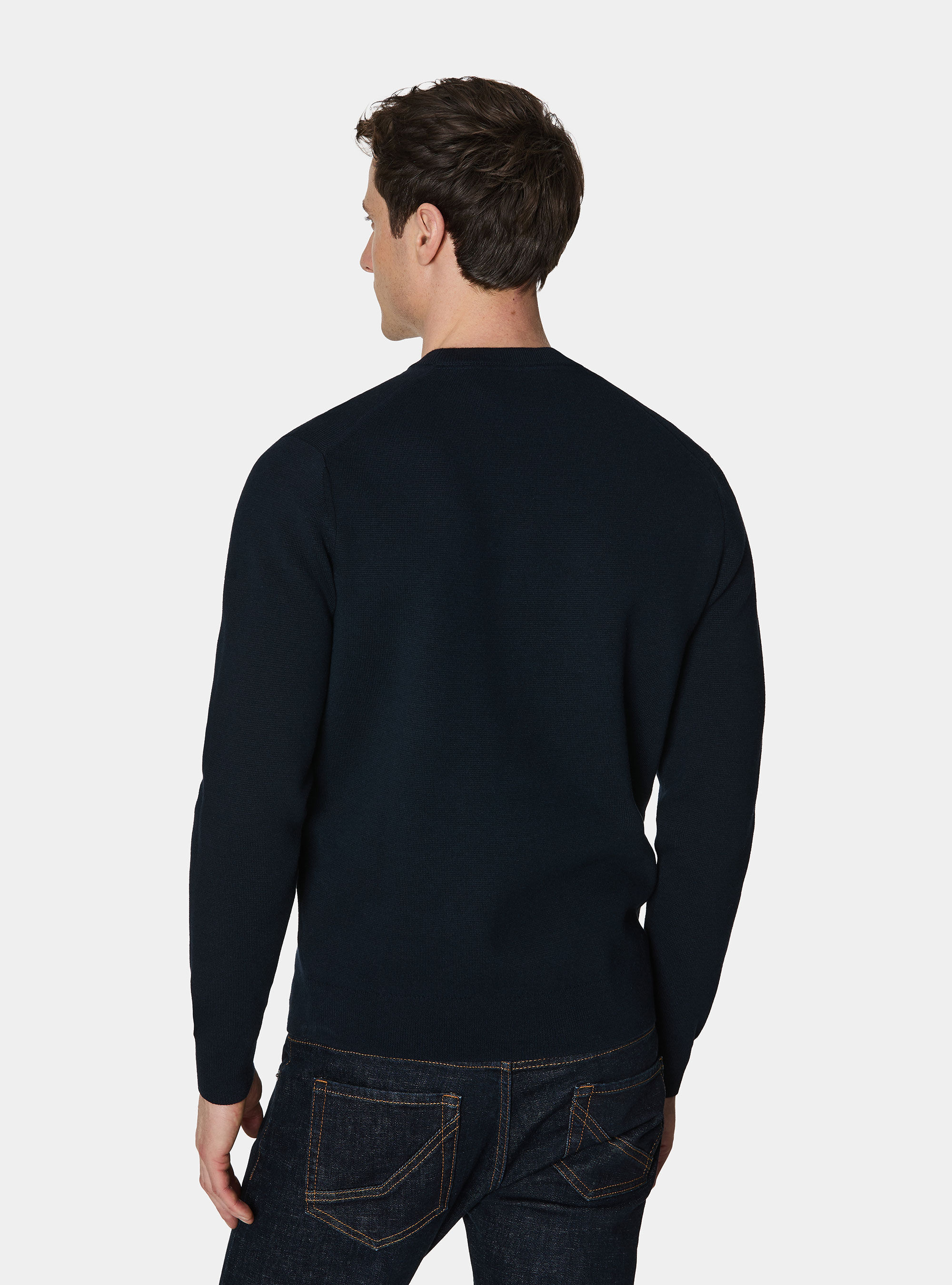Cotton blend crew neck sweater, NAVY BLUE
