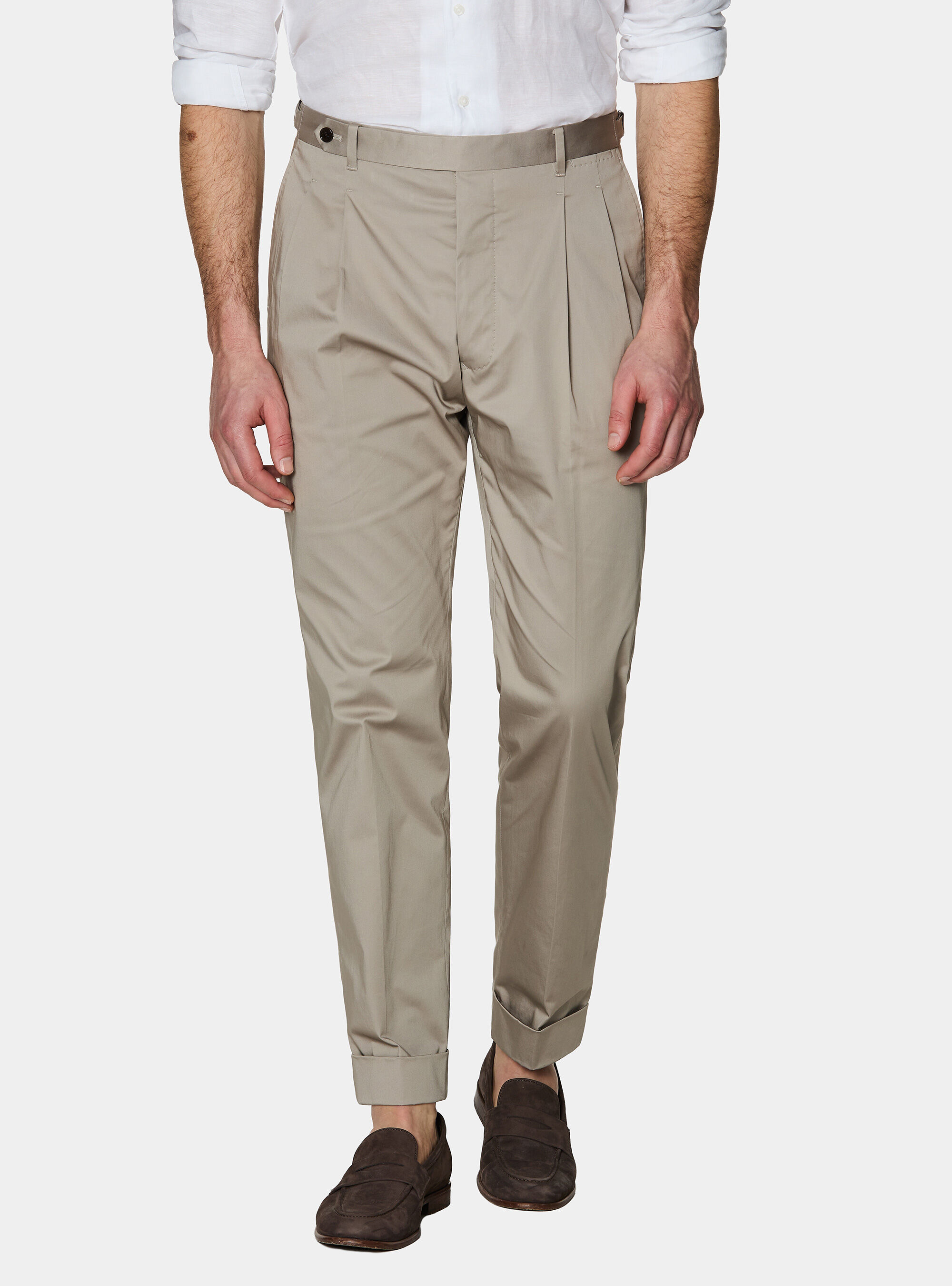 Stretch poplin cotton pleated trousers