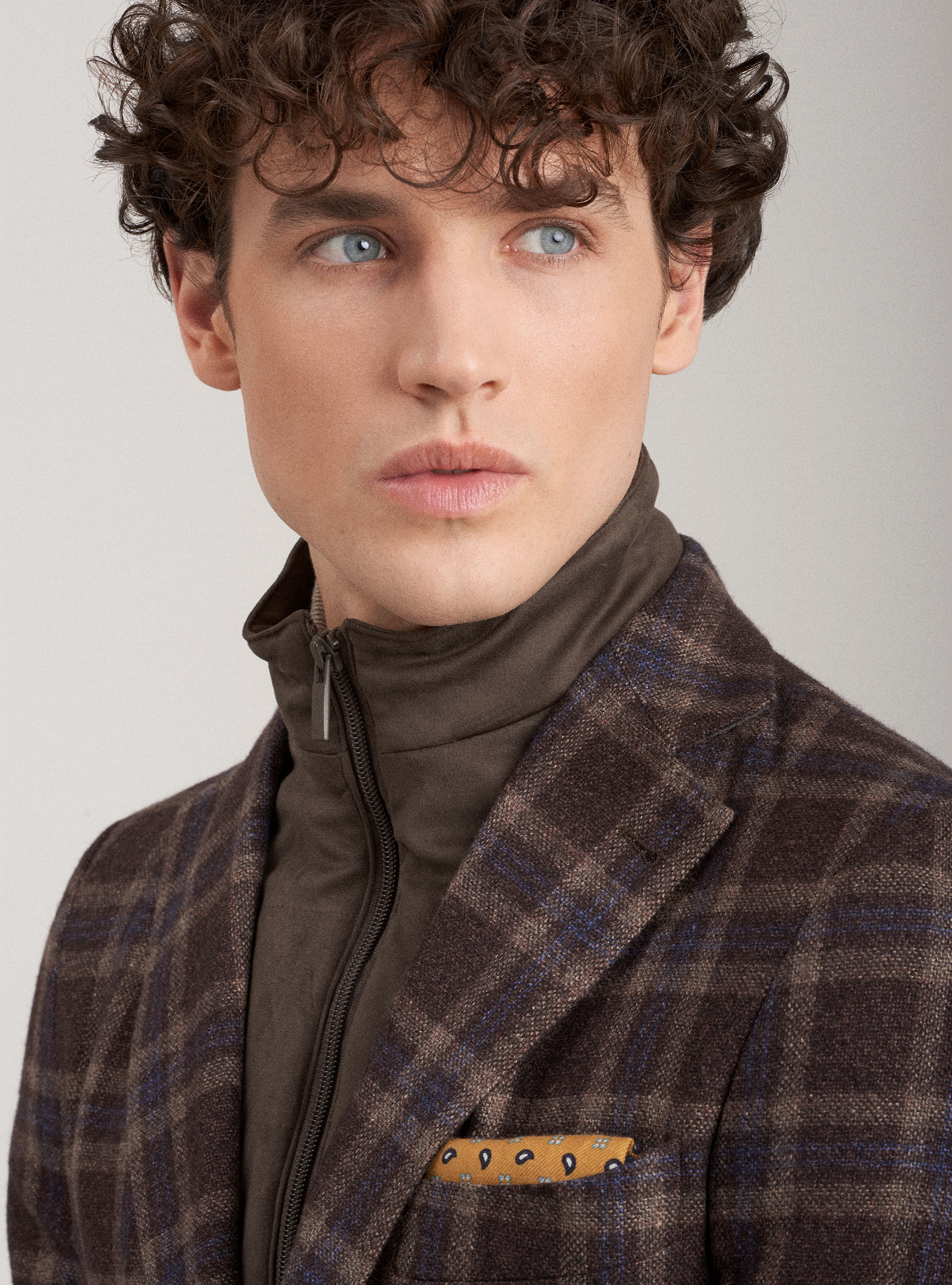 Giacca a quadri in lana seta e cashmere con pettorina, MARRONE