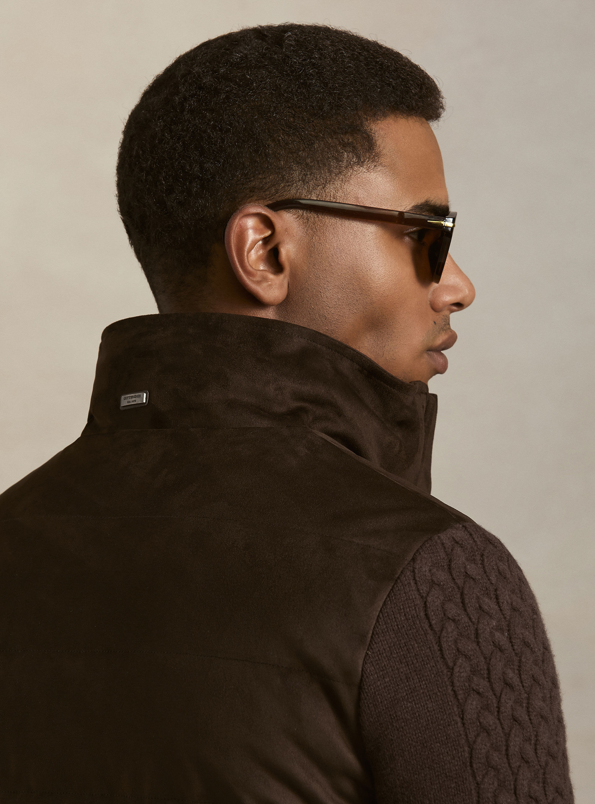 Quilted suede-effect jacket with wool sleeves, MARRONE 0508C
