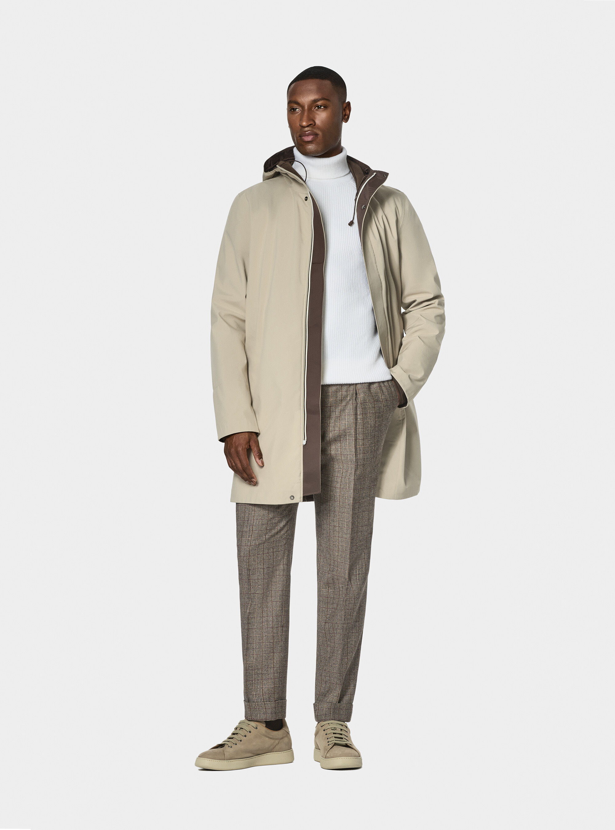 Long technical jacket with hood, SAND