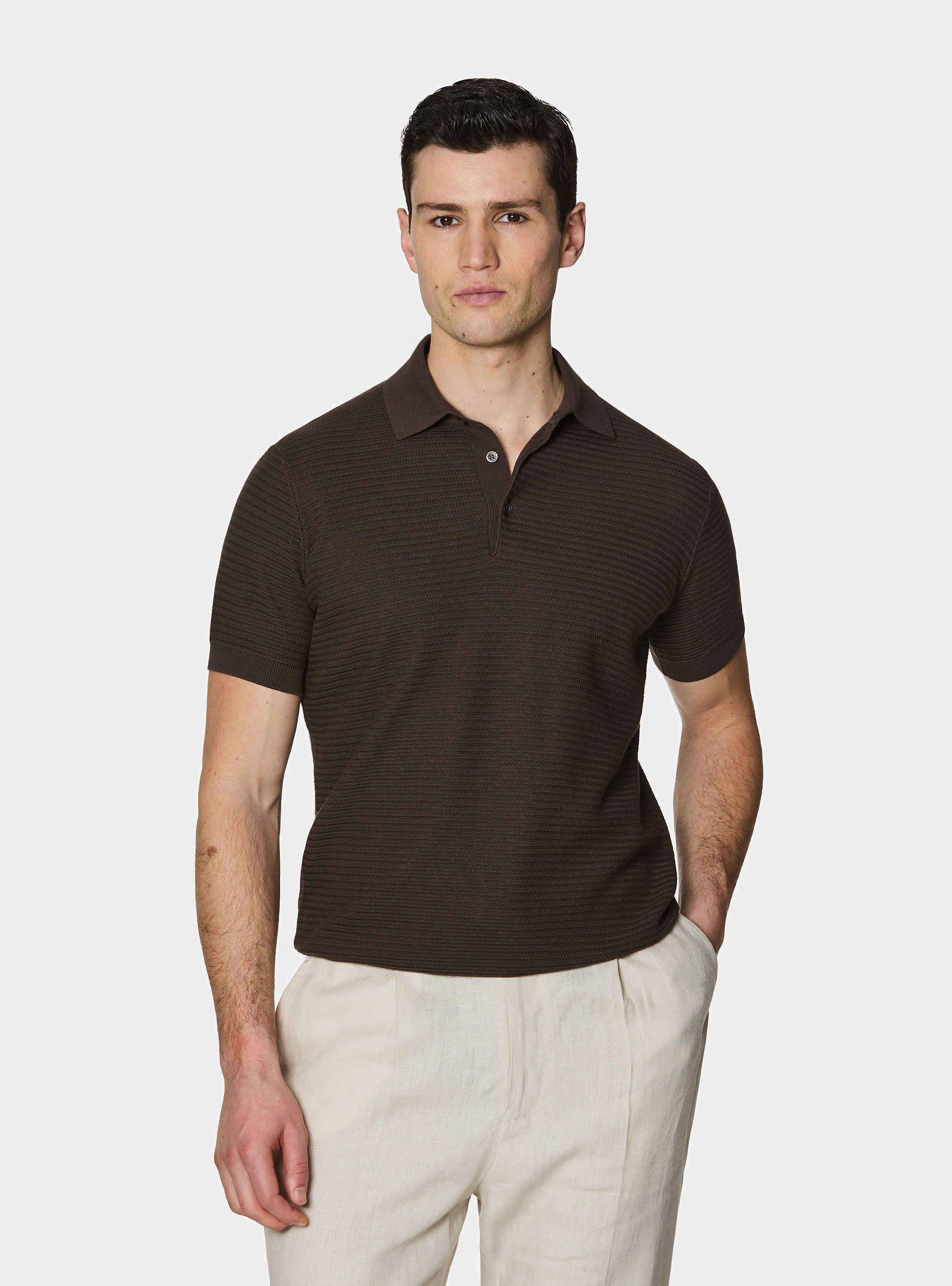 Textured cotton knit polo shirt, BROWN