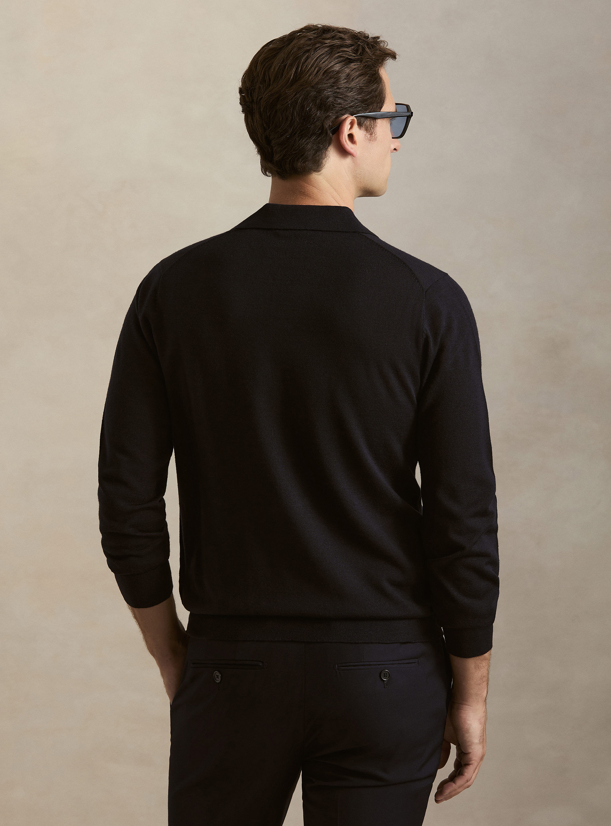 Polo collo senza bottoni in maglia lana merino, BLU NAVY