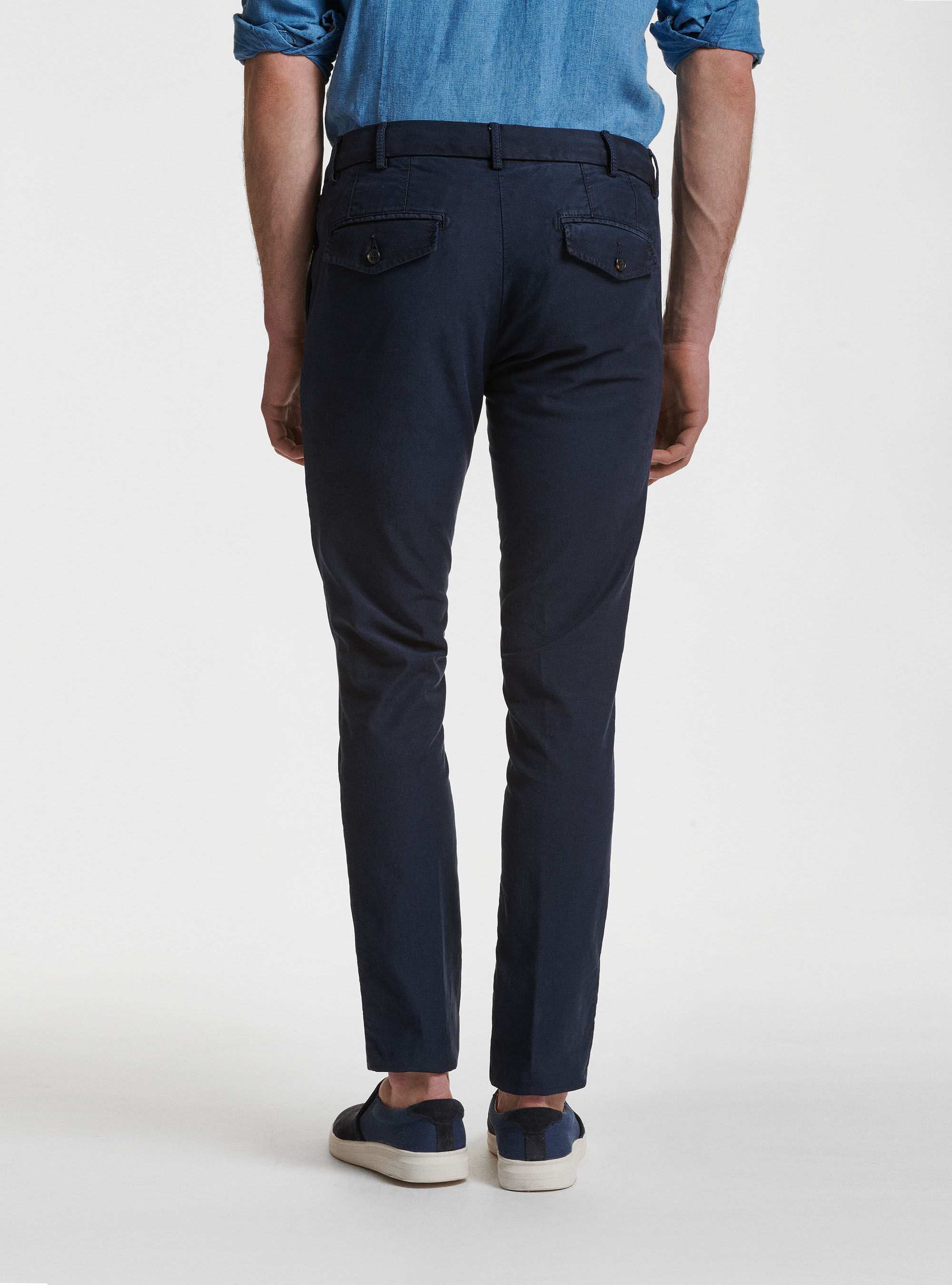 Garment dyed stretch cotton slim fit chino trousers