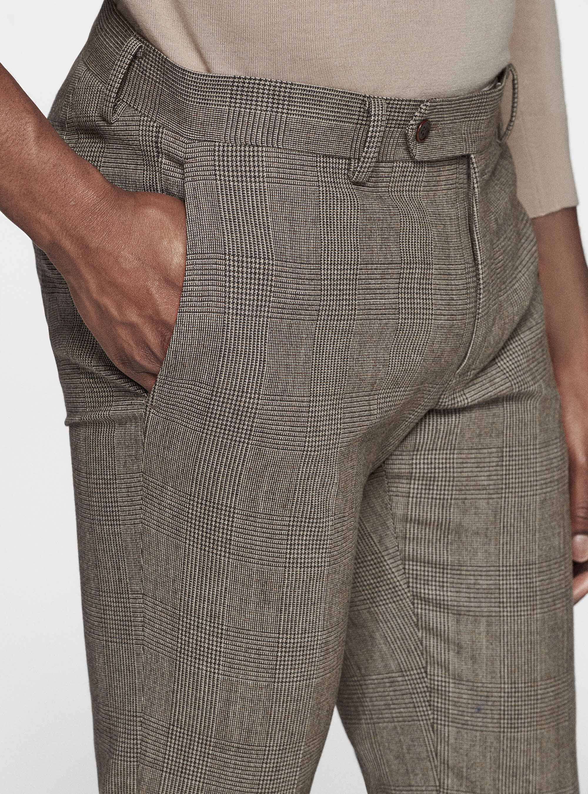 Pantaloni Principe di Galles in lana e cashmere, MARRONE