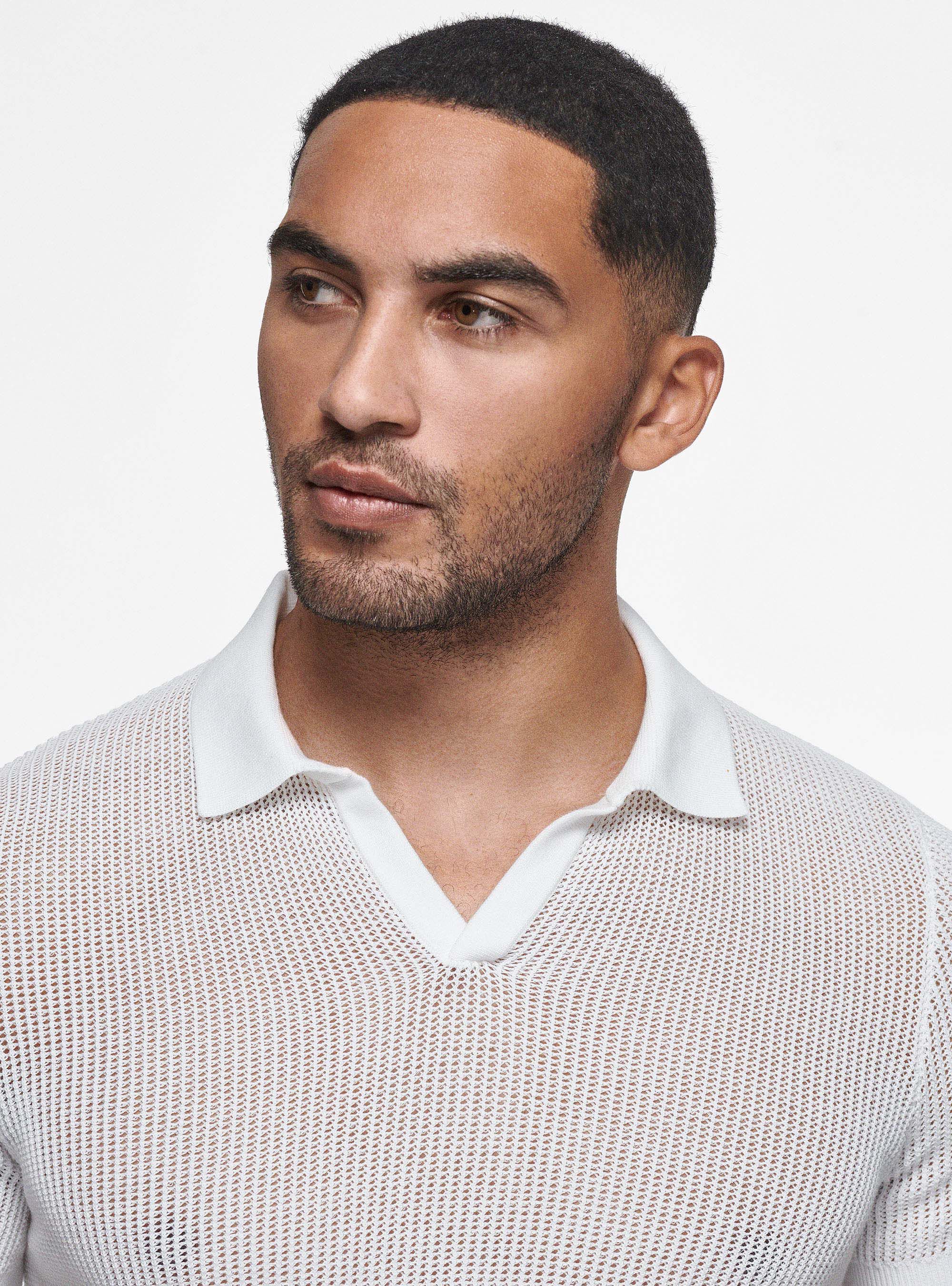 Perforated knit polo shirt, WHITE