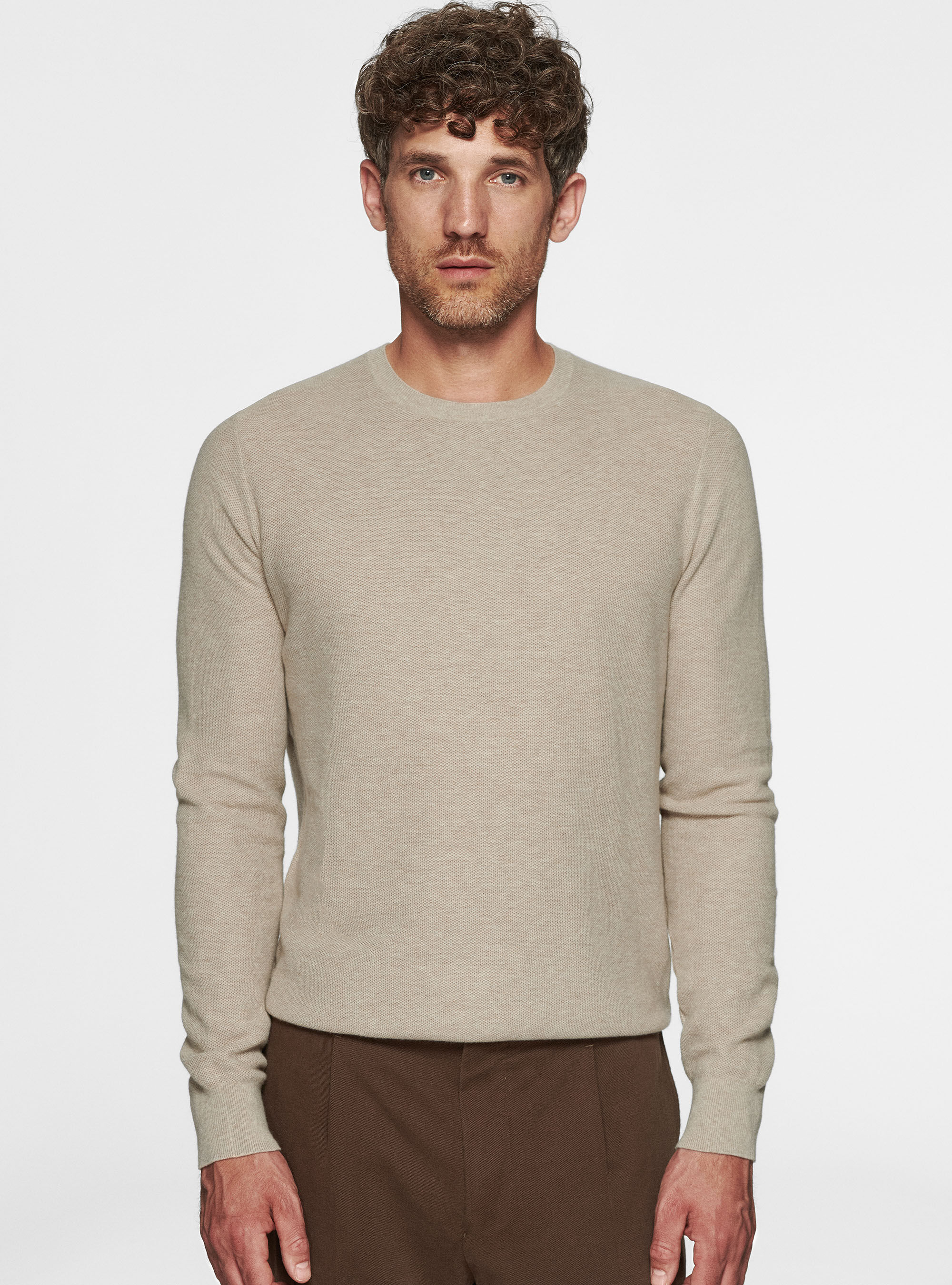 Cotton cashmere honeycomb crew neck sweater
